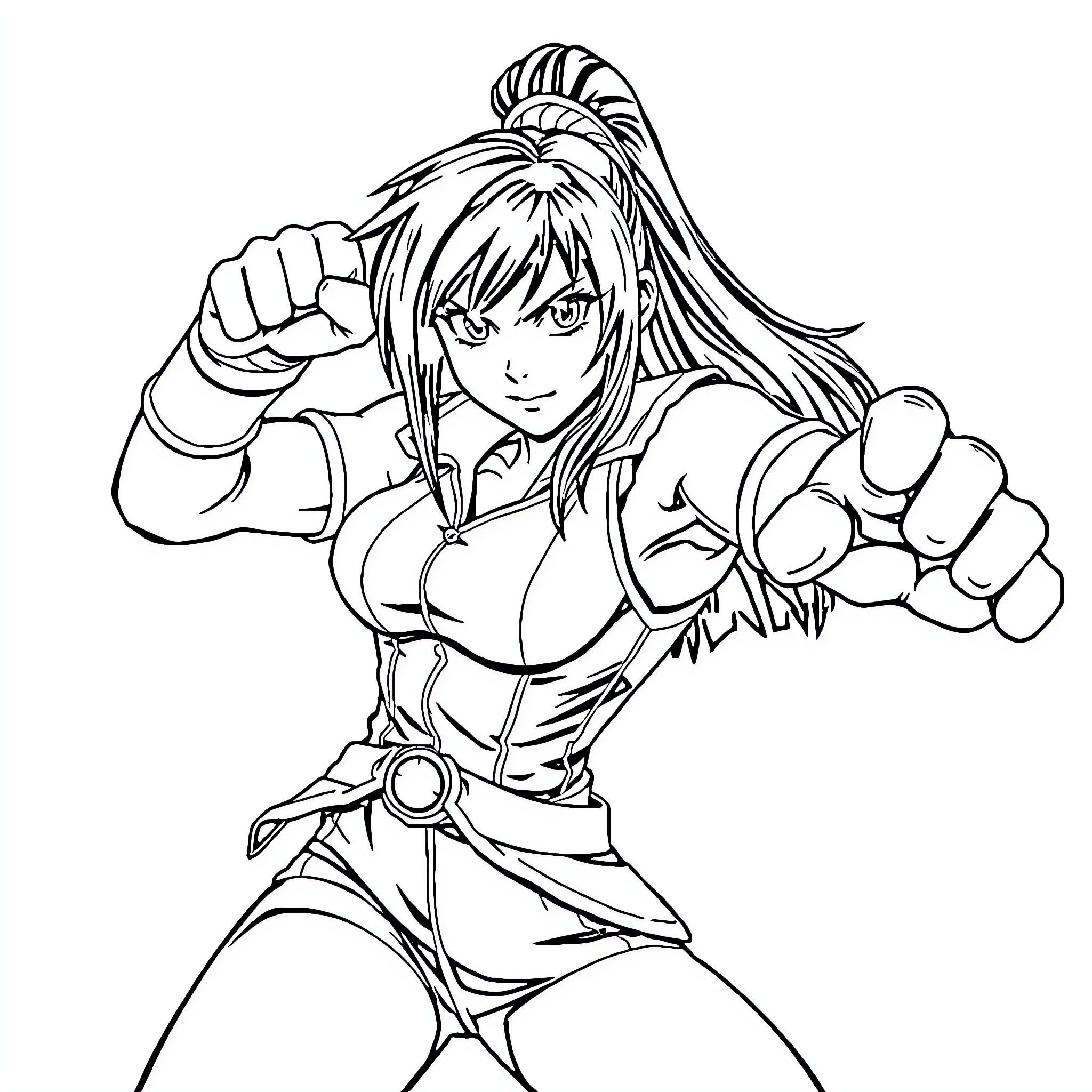 Tifa in a fighting stance with determination Coloring Page (free black-and-white line drawing printable PDF for all, from beginners to advanced learners, including children, teens, adults, and seniors)