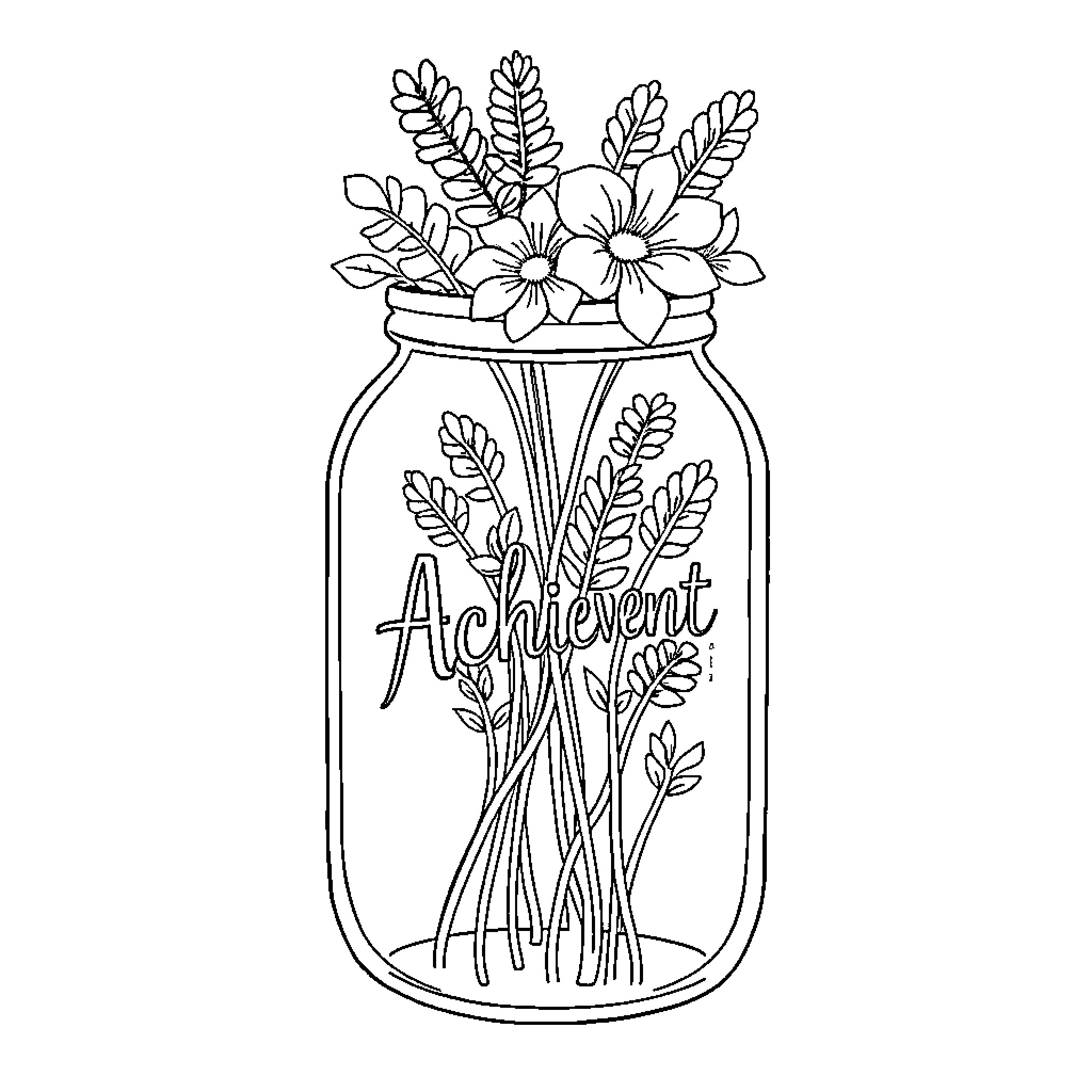 Achievement Jar with Flowers and Foliage Coloring Page (free black-and-white line drawing printable PDF for all, from beginners to advanced learners, including children, teens, adults, and seniors)