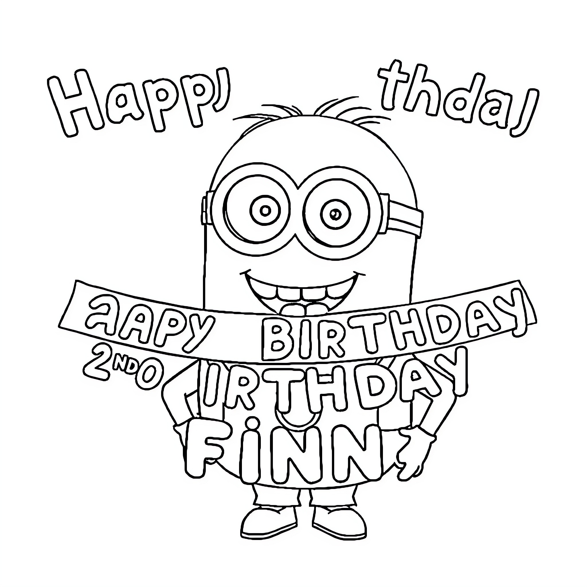 Minion wishing a Happy Birthday Coloring Page (free black-and-white line drawing printable PDF for all, from beginners to advanced learners, including children, teens, adults, and seniors)