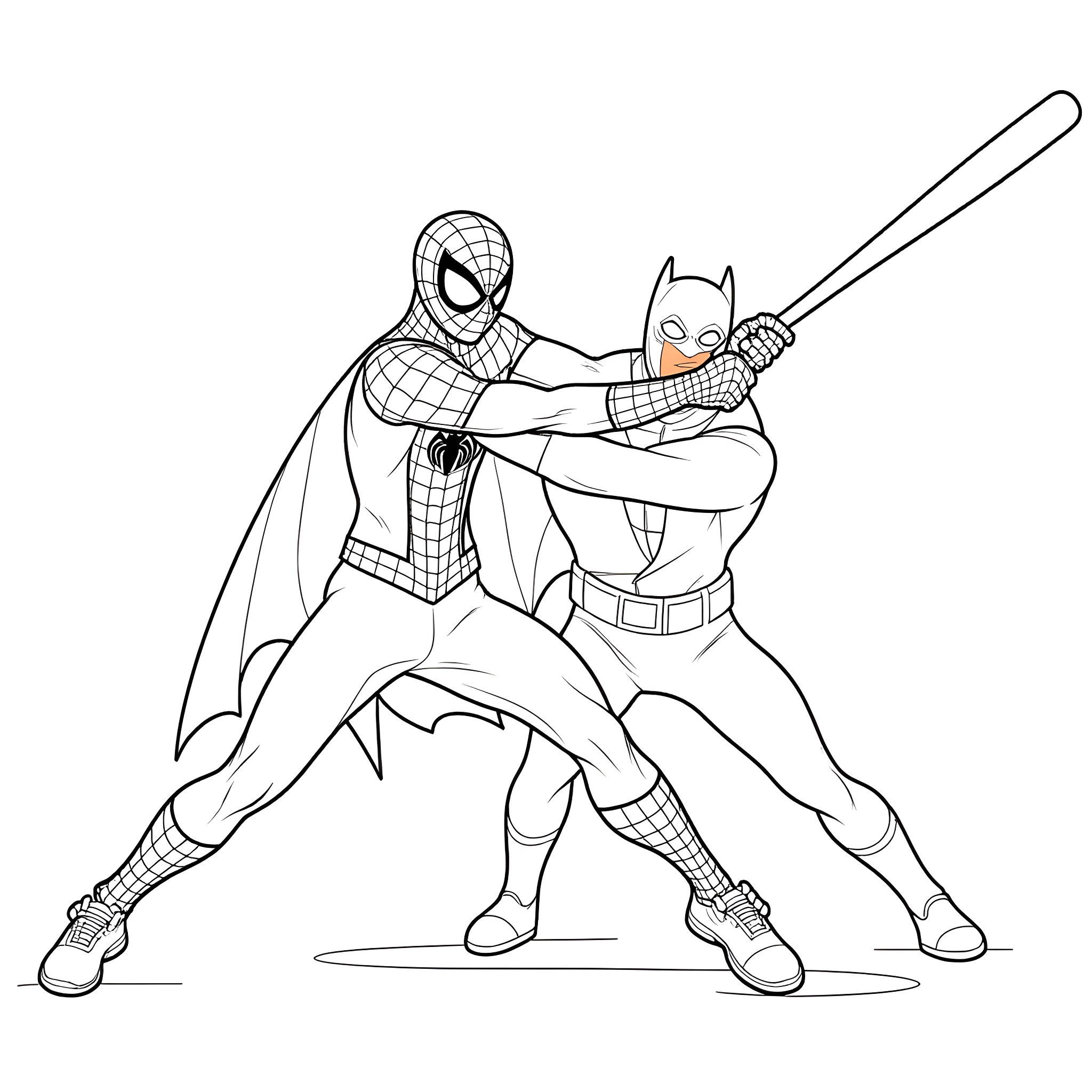 Spider-Man and Batman team up for an epic battle Coloring Page (free black-and-white line drawing printable PDF for all, from beginners to advanced learners, including children, teens, adults, and seniors)
