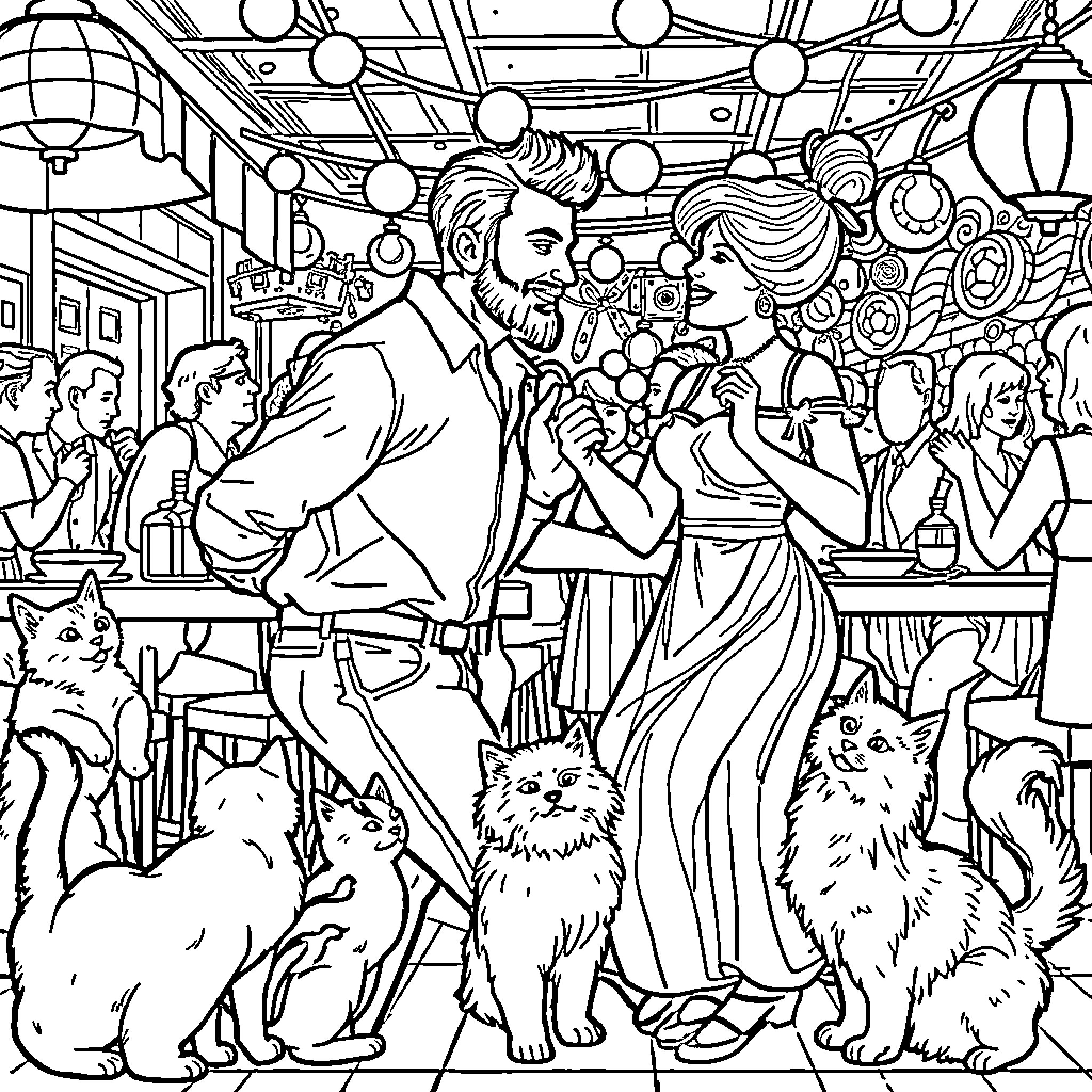 Man and woman enjoying a lively party with pets Coloring Page (free black-and-white line drawing printable PDF for all, from beginners to advanced learners, including children, teens, adults, and seniors)