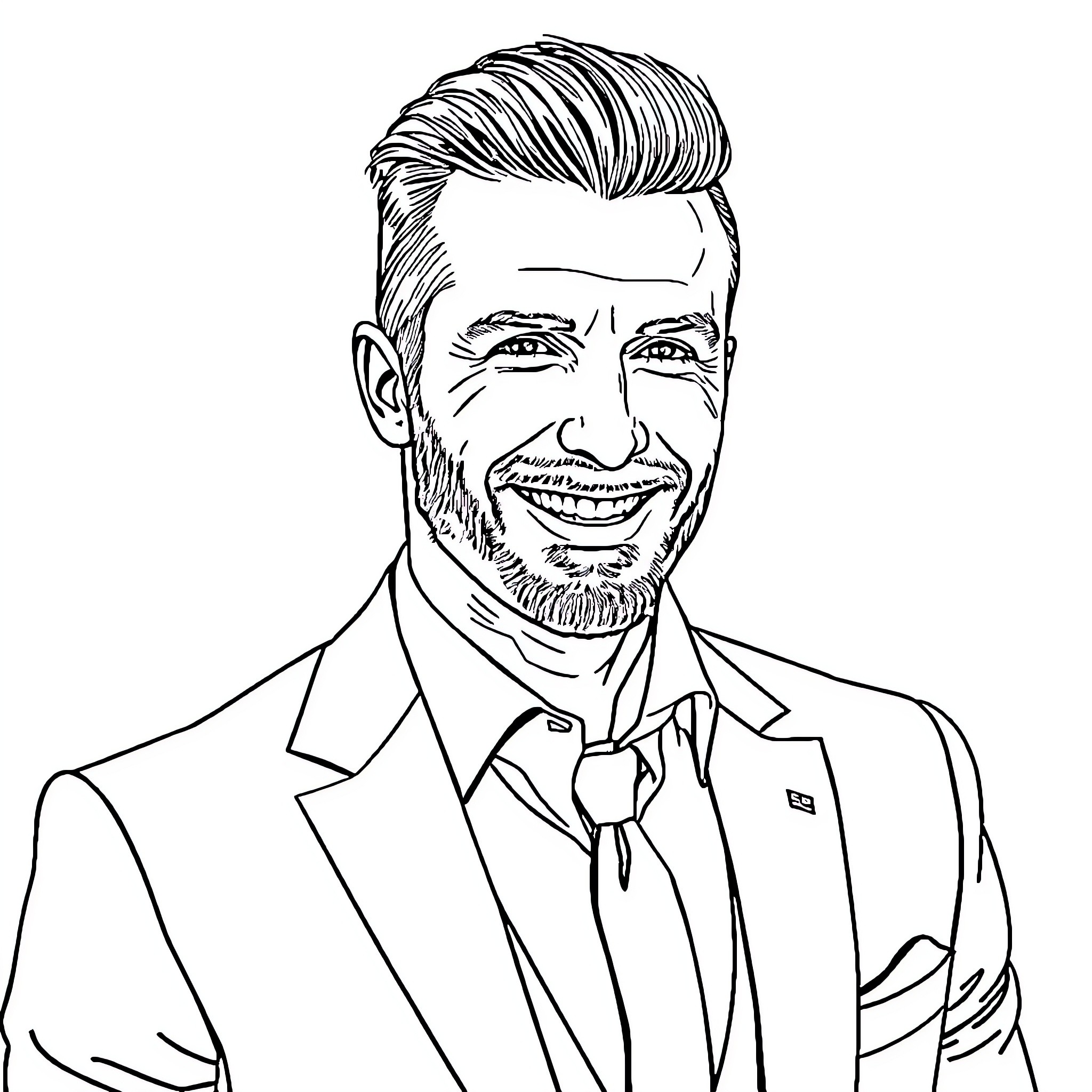 David Beckham smiling in a formal suit Coloring Page (free black-and-white line drawing printable PDF for all, from beginners to advanced learners, including children, teens, adults, and seniors)