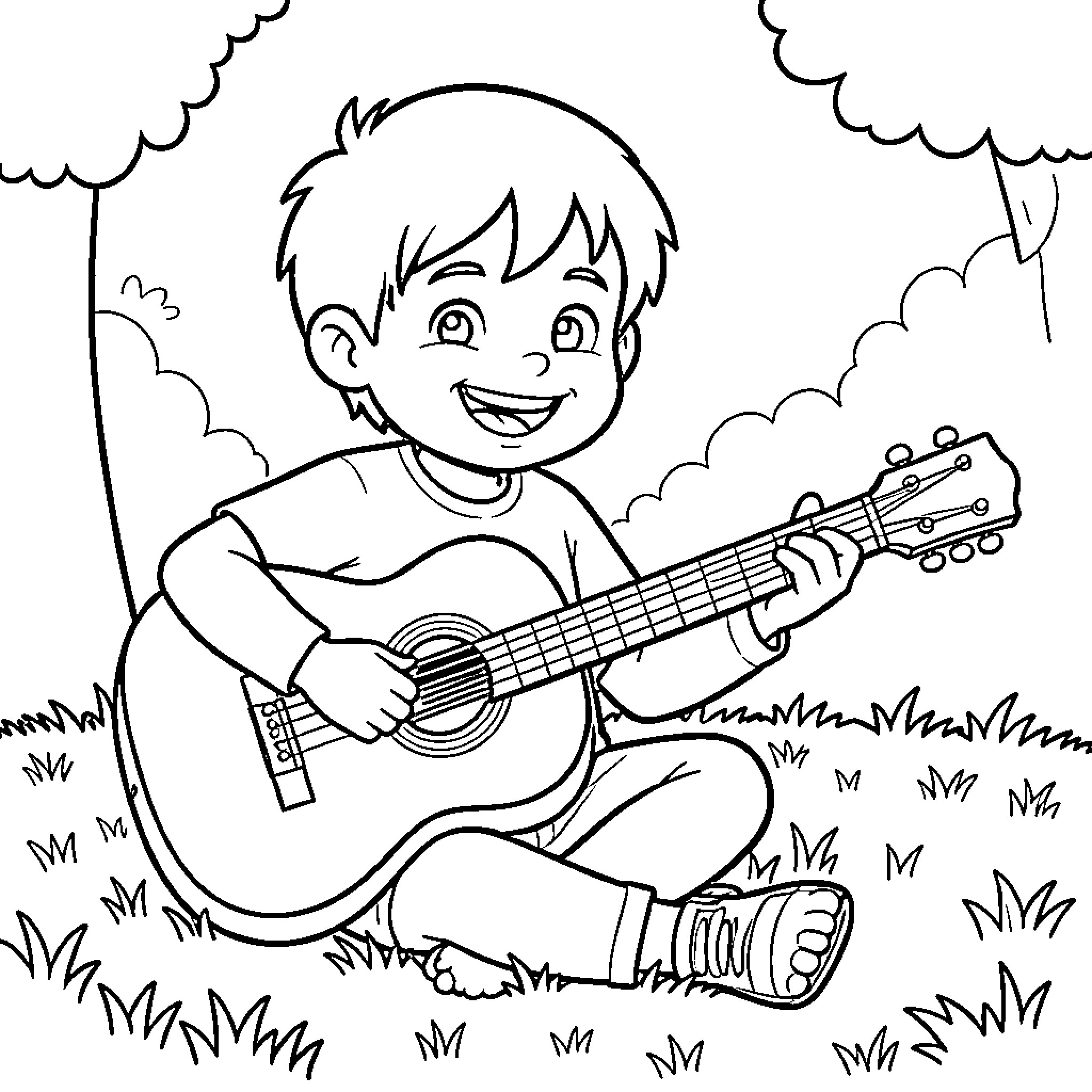 Child happily playing guitar outdoors Coloring Page (free black-and-white line drawing printable PDF for all, from beginners to advanced learners, including children, teens, adults, and seniors)