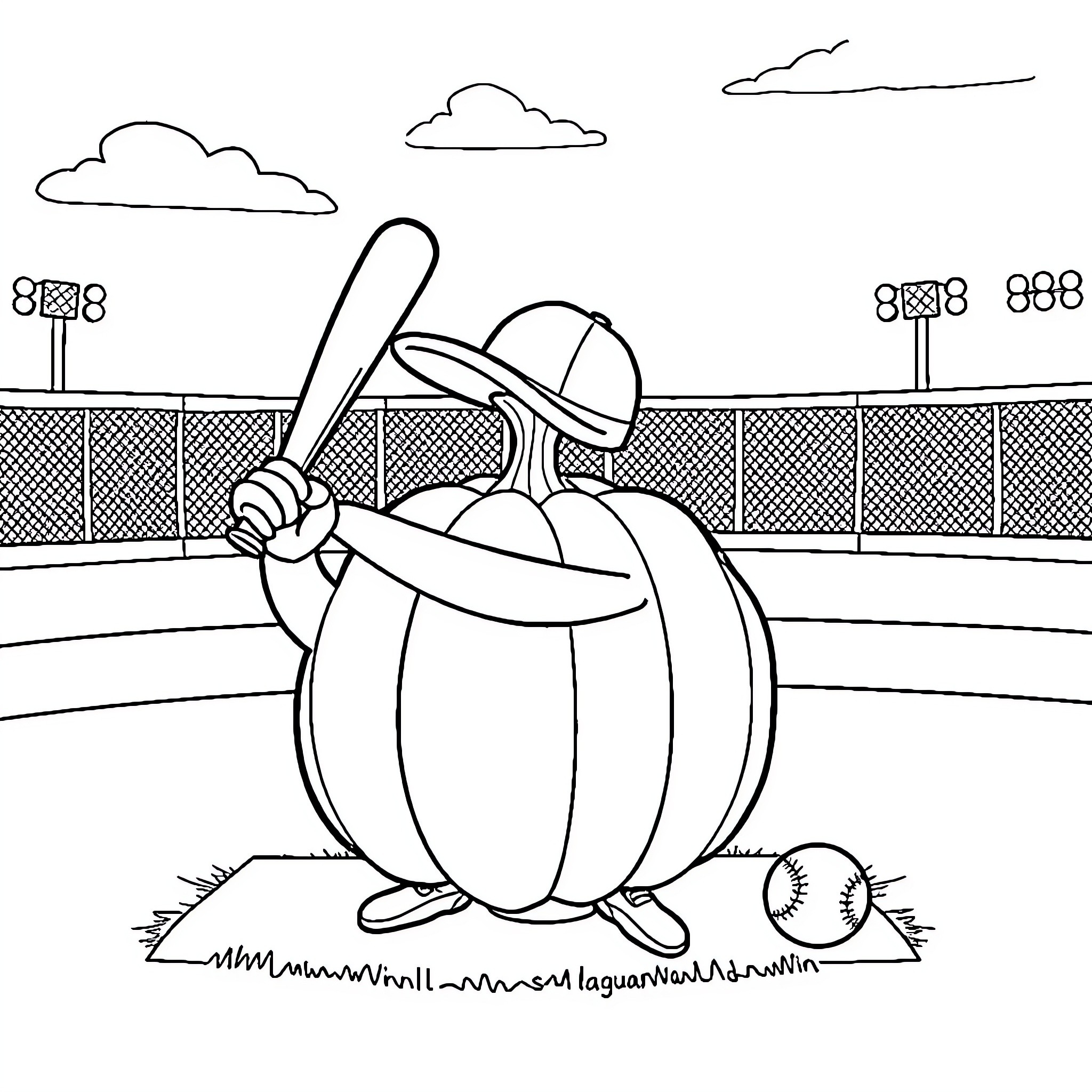 Pumpkin playing baseball on the field Coloring Page (free black-and-white line drawing printable PDF for all, from beginners to advanced learners, including children, teens, adults, and seniors)