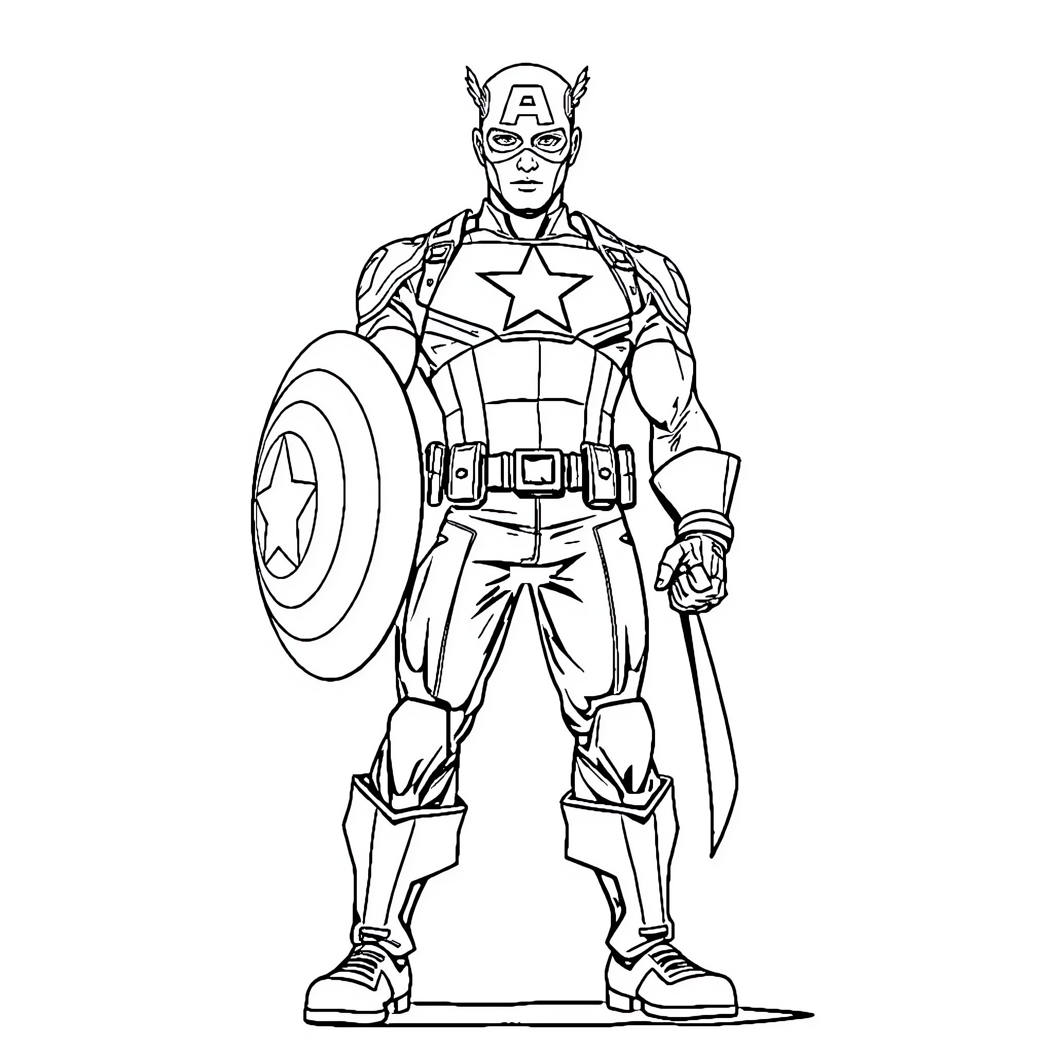 Captain America in Heroic Pose with Shield Coloring Page (free black-and-white line drawing printable PDF for all, from beginners to advanced learners, including children, teens, adults, and seniors)
