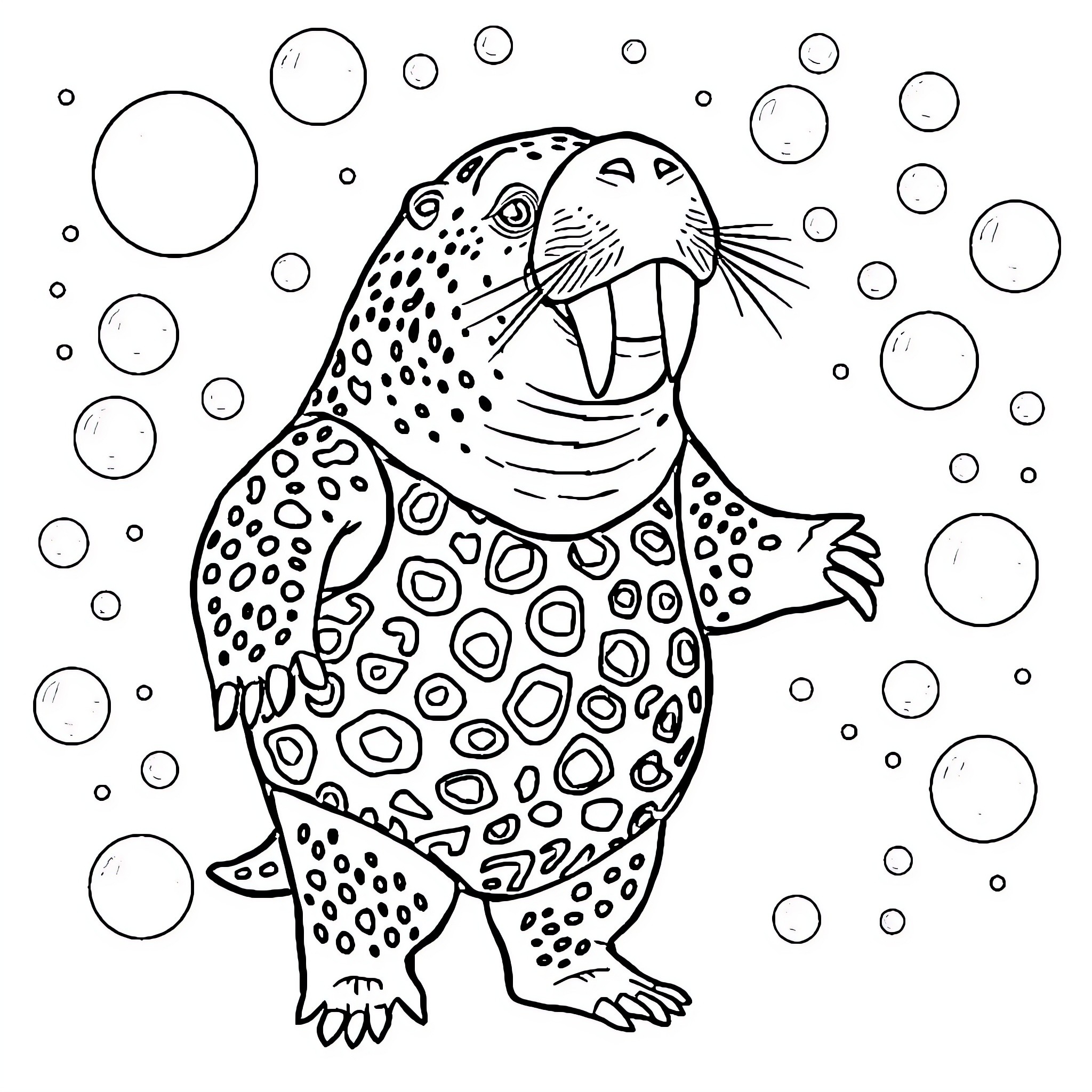 Walrus blowing bubbles in the sea Coloring Page (free black-and-white line drawing printable PDF for all, from beginners to advanced learners, including children, teens, adults, and seniors)