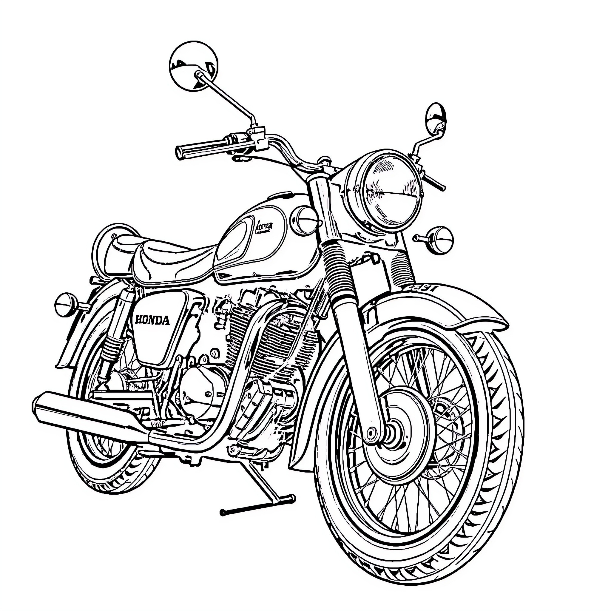 Honda Motorcycle on Display in Black and White Coloring Page (free black-and-white line drawing printable PDF for all, from beginners to advanced learners, including children, teens, adults, and seniors)