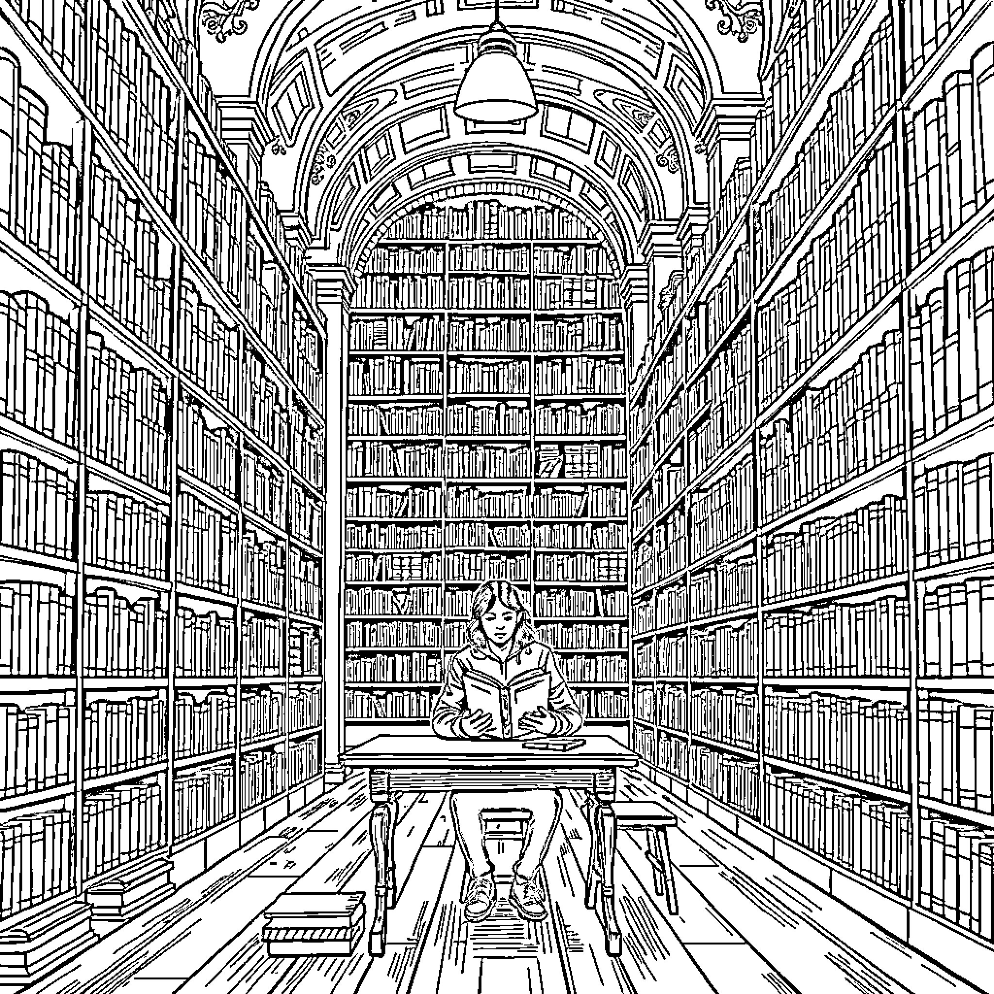 Person reading in a grand library surrounded by books Coloring Page (free black-and-white line drawing printable PDF for all, from beginners to advanced learners, including children, teens, adults, and seniors)