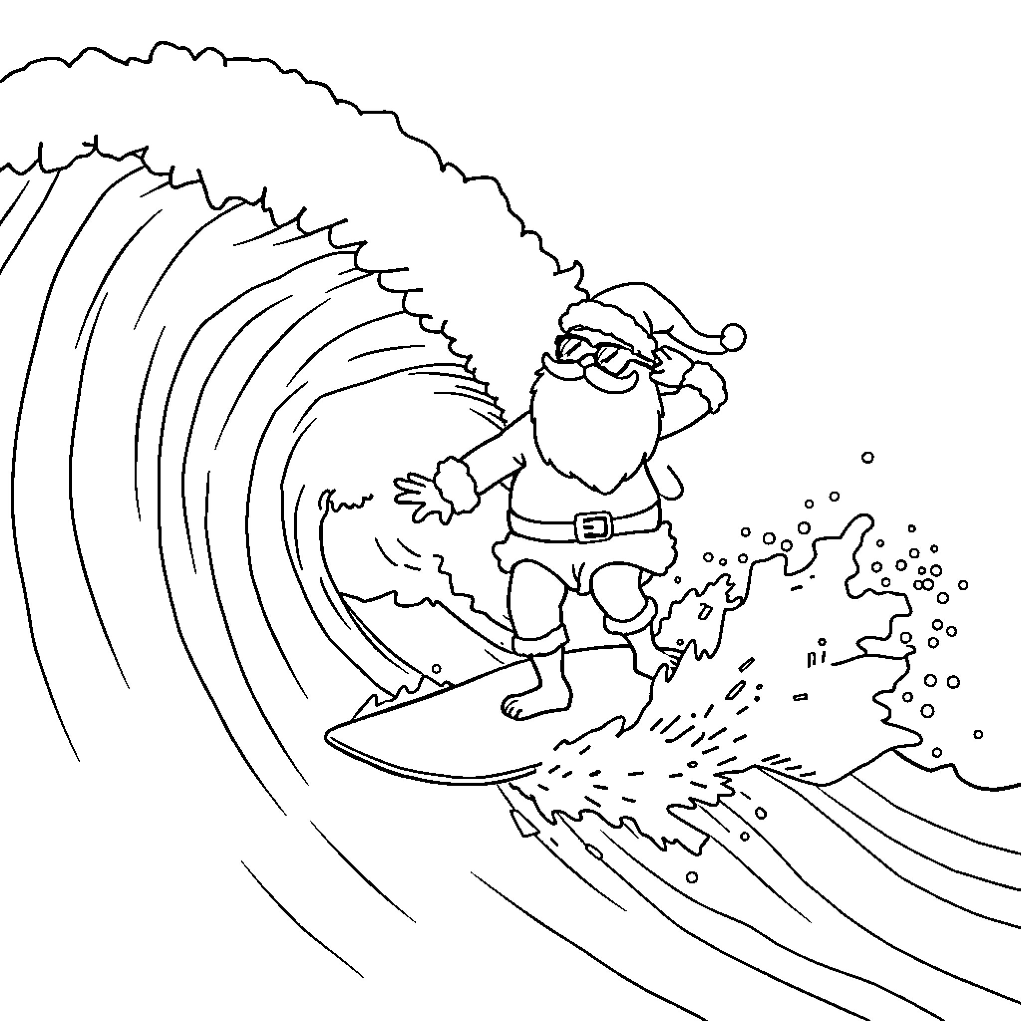 Santa surfing on a giant wave Coloring Page (free black-and-white line drawing printable PDF for all, from beginners to advanced learners, including children, teens, adults, and seniors)