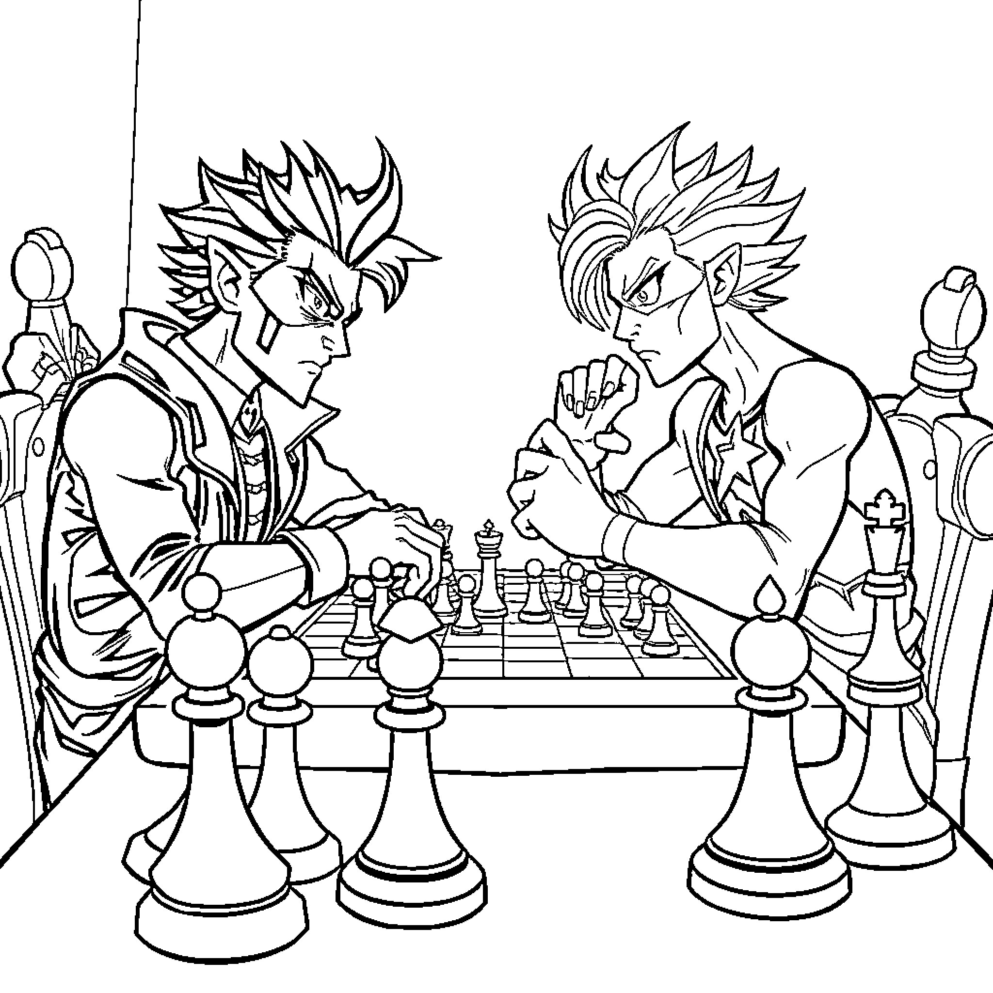 Cypher of Chess Rivals in Action Coloring Page (free black-and-white line drawing printable PDF for all, from beginners to advanced learners, including children, teens, adults, and seniors)