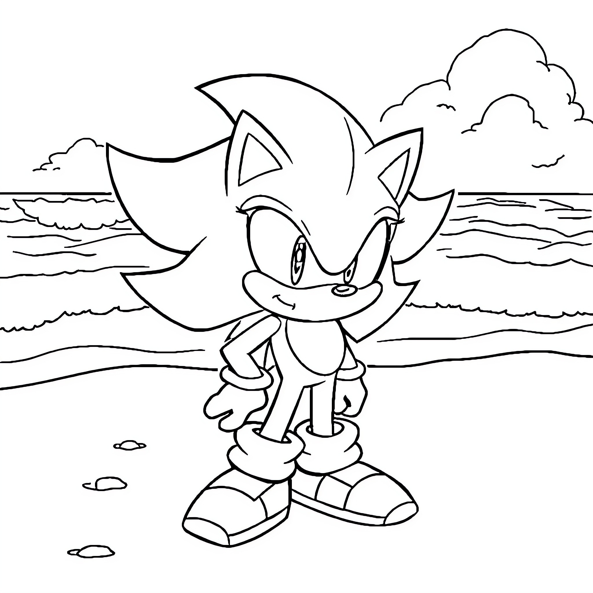 Shadow of a smiling character by the beach Coloring Page (free black-and-white line drawing printable PDF for all, from beginners to advanced learners, including children, teens, adults, and seniors)