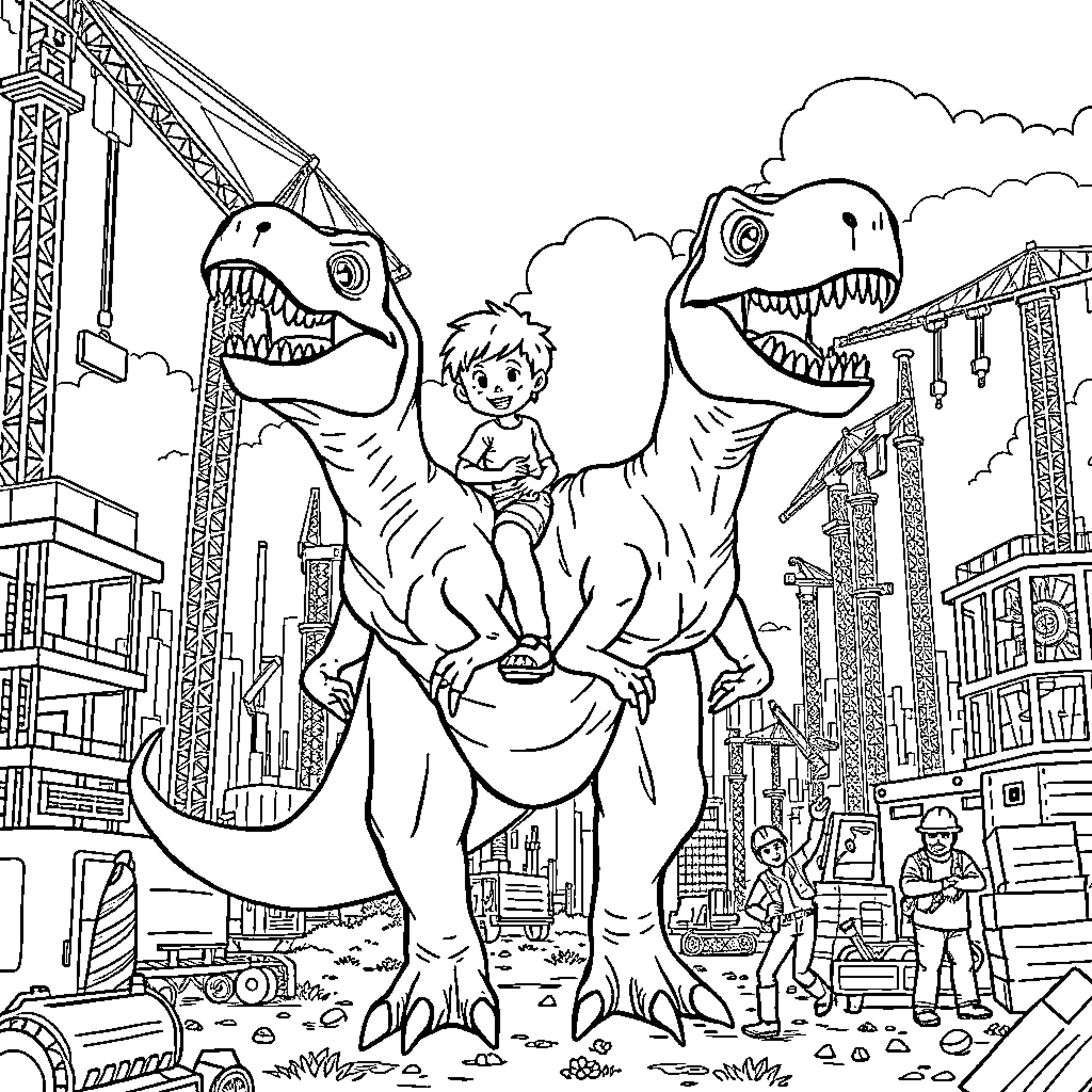 Boy riding dinosaurs in the city construction site Coloring Page (free black-and-white line drawing printable PDF for all, from beginners to advanced learners, including children, teens, adults, and seniors)