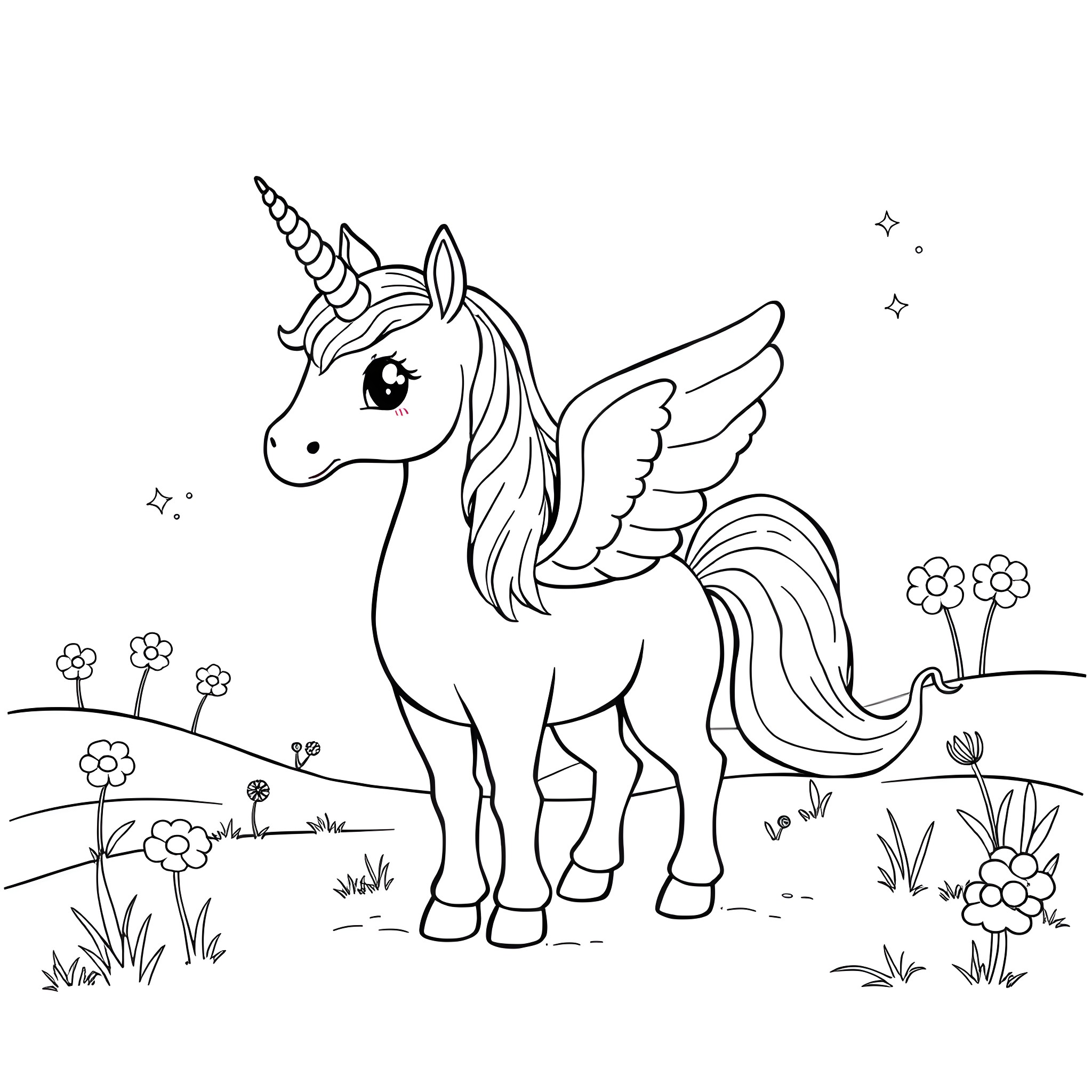 Unicorn Standing Proudly in Enchanted Meadow Coloring Page (free black-and-white line drawing printable PDF for all, from beginners to advanced learners, including children, teens, adults, and seniors)