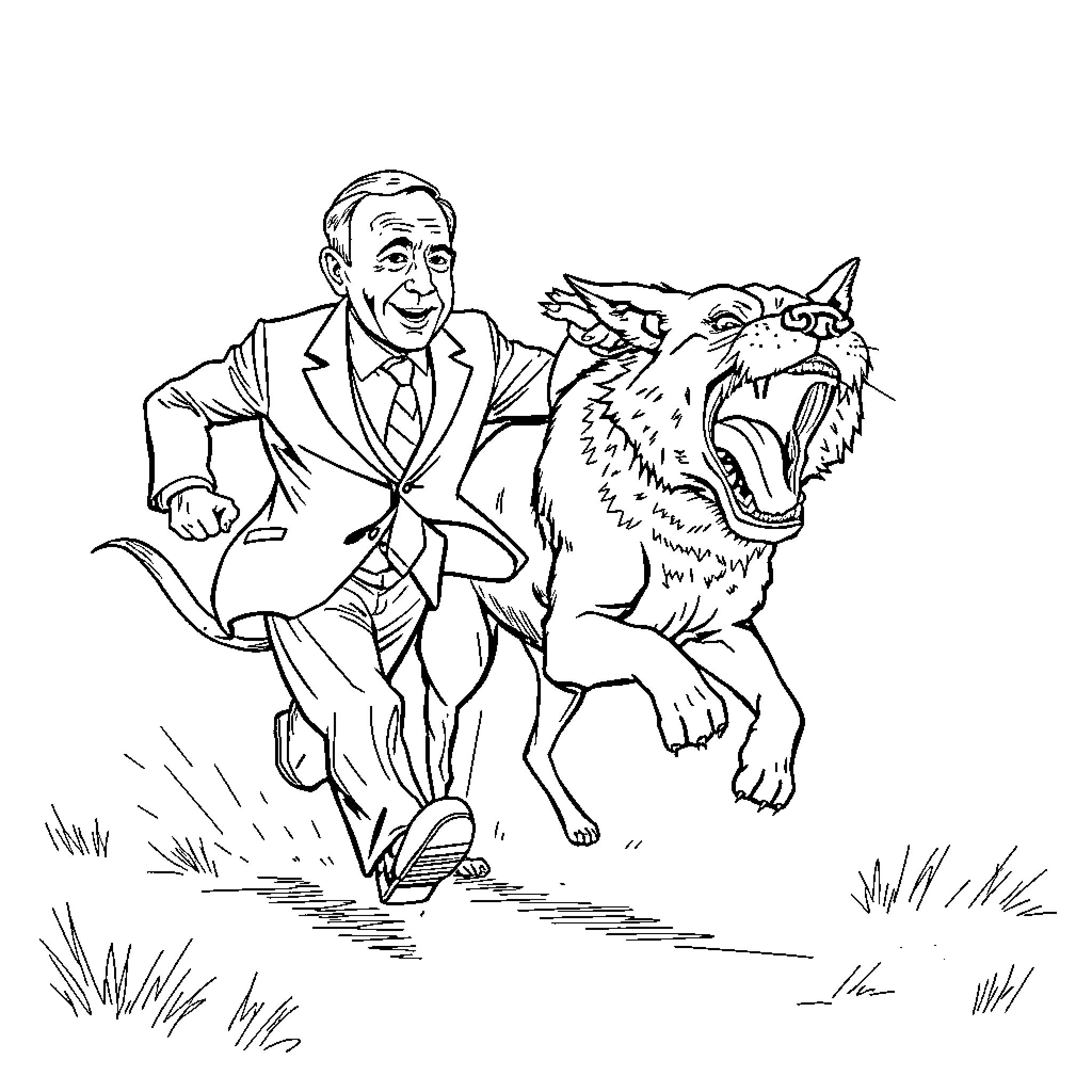 Benjamin Netanyahu riding a ferocious lion in a suit Coloring Page (free black-and-white line drawing printable PDF for all, from beginners to advanced learners, including children, teens, adults, and seniors)