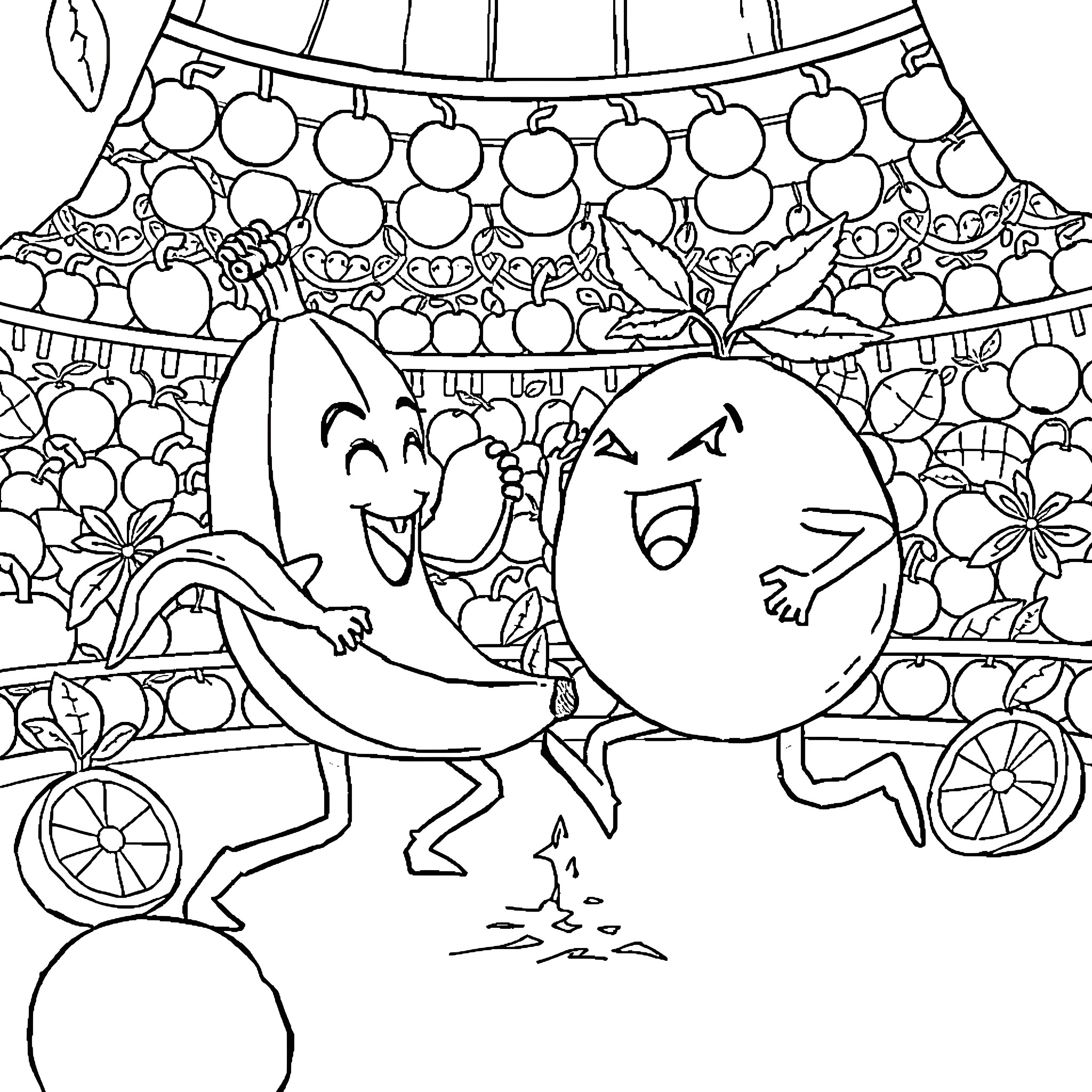 Banana characters in festive scene Coloring Page (free black-and-white line drawing printable PDF for all, from beginners to advanced learners, including children, teens, adults, and seniors)