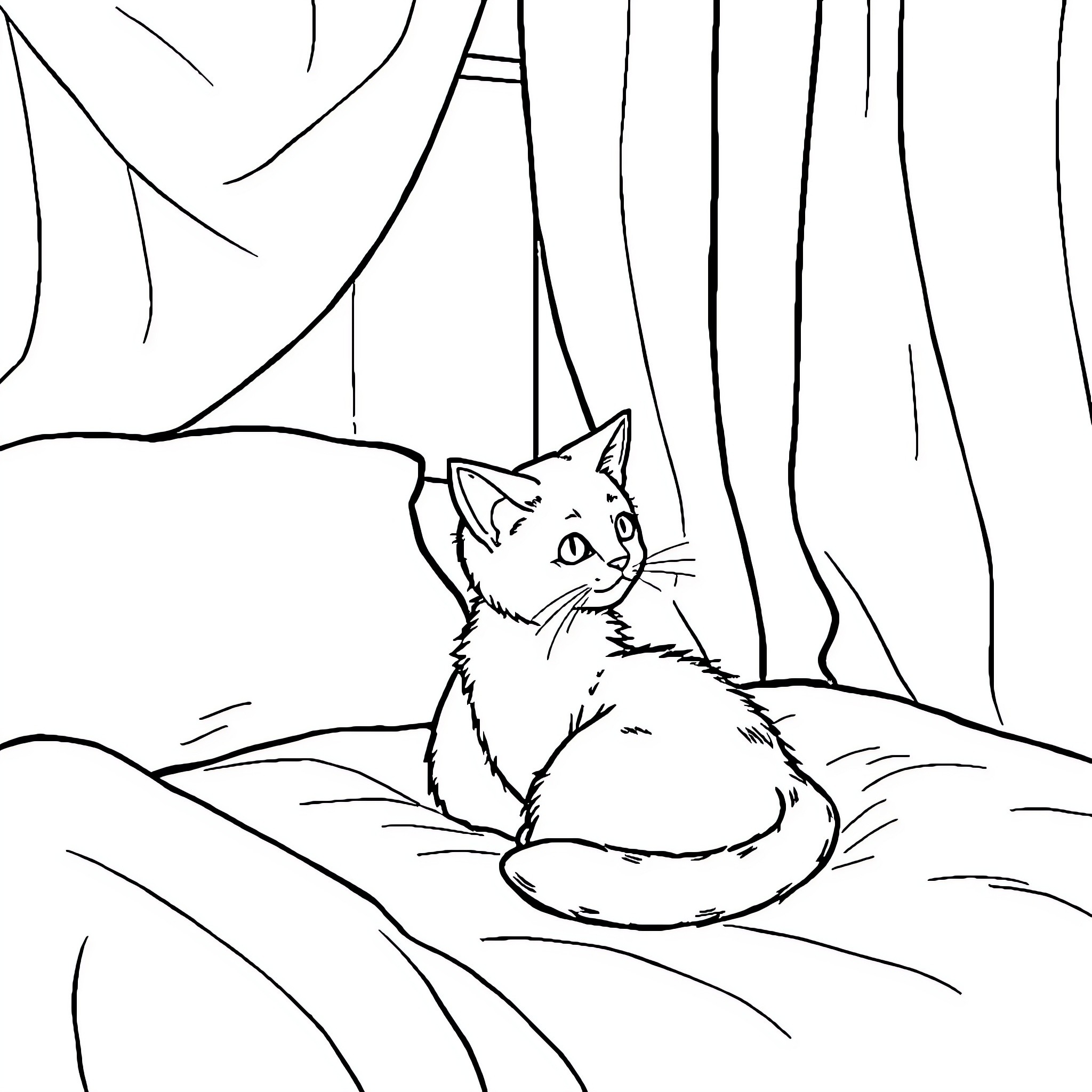 Cat resting on bed with curtains Coloring Page (free black-and-white line drawing printable PDF for all, from beginners to advanced learners, including children, teens, adults, and seniors)