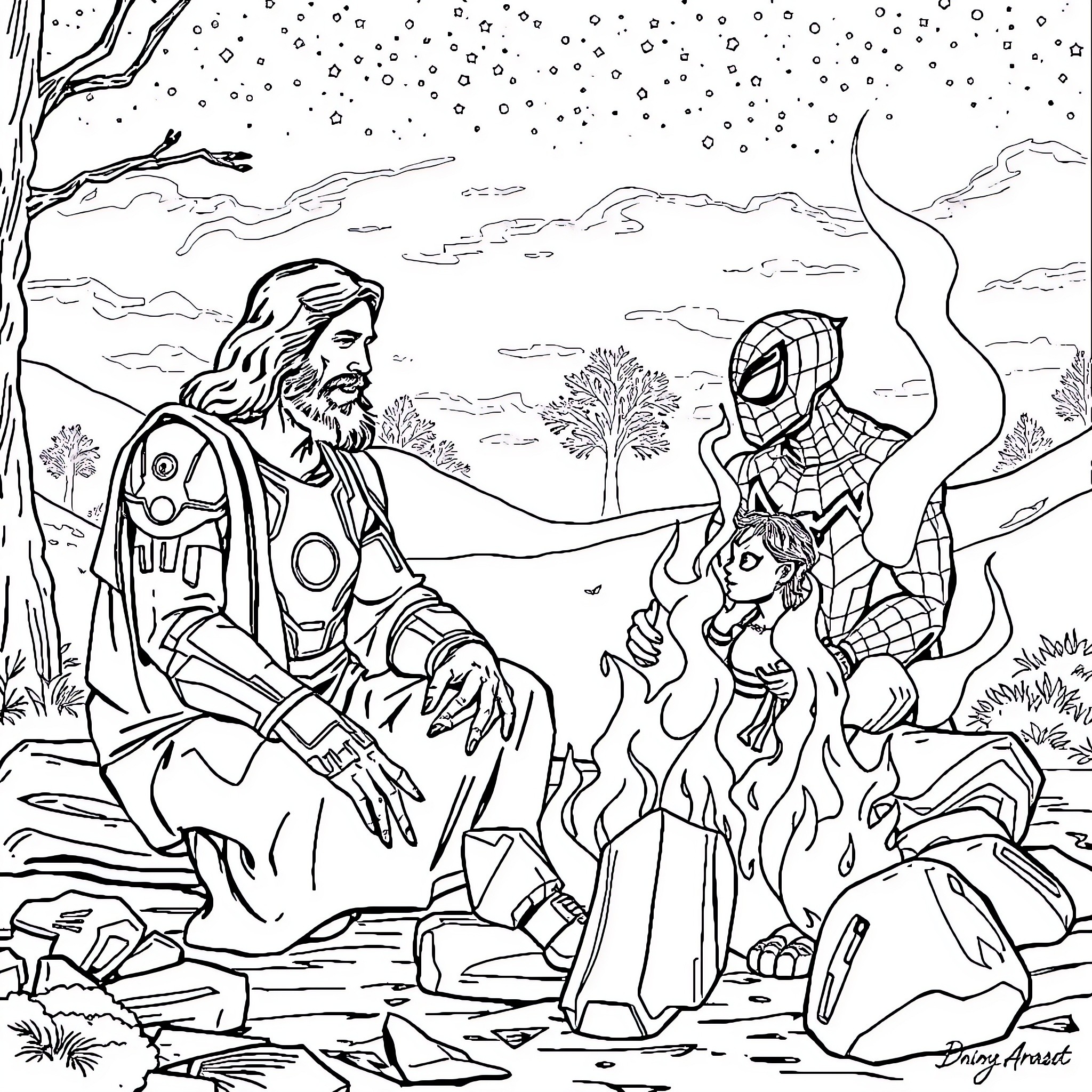 Jesus encounters the mysterious figure in the snowy woodland Coloring Page (free black-and-white line drawing printable PDF for all, from beginners to advanced learners, including children, teens, adults, and seniors)