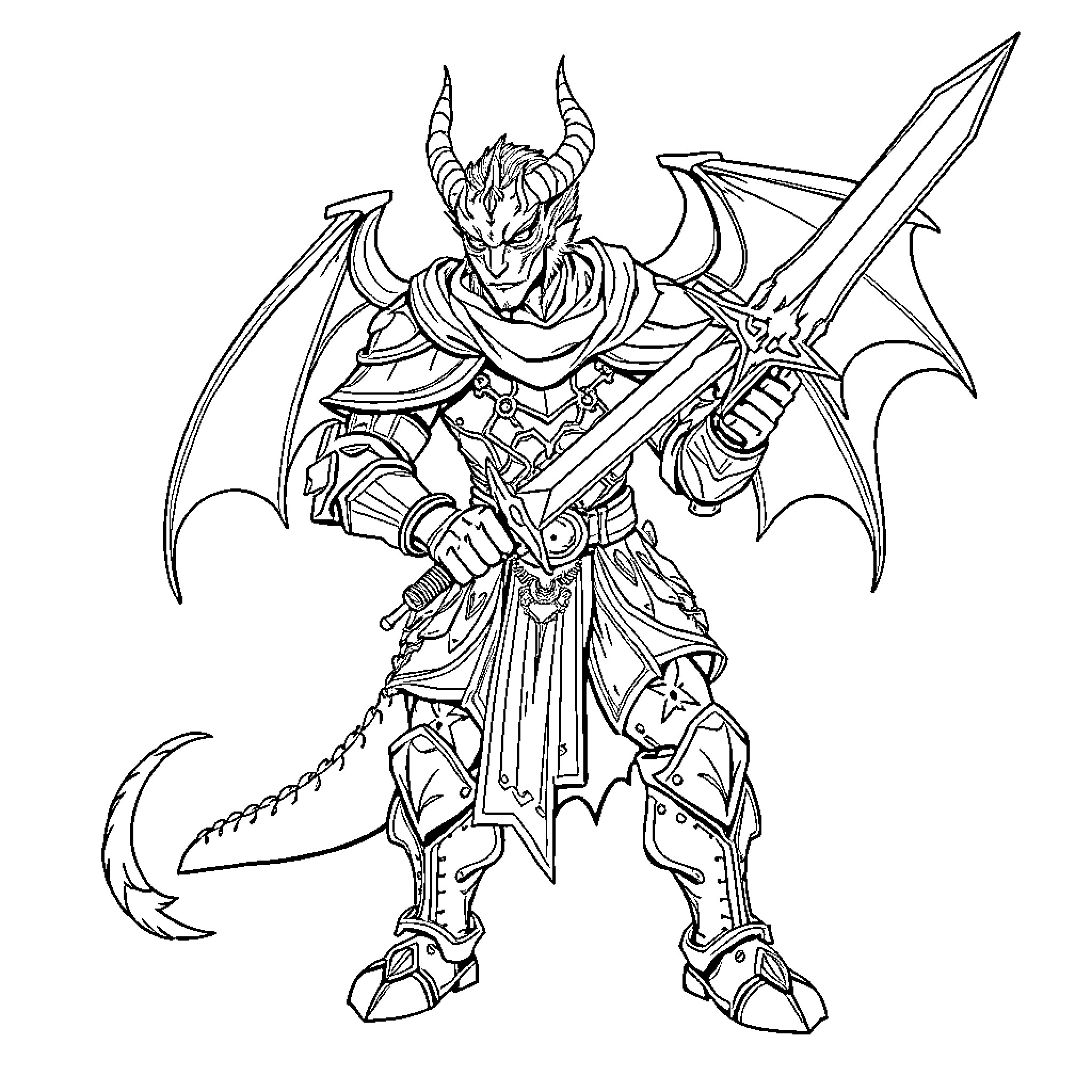 Dragonborn warrior wielding mystical blade Coloring Page (free black-and-white line drawing printable PDF for all, from beginners to advanced learners, including children, teens, adults, and seniors)