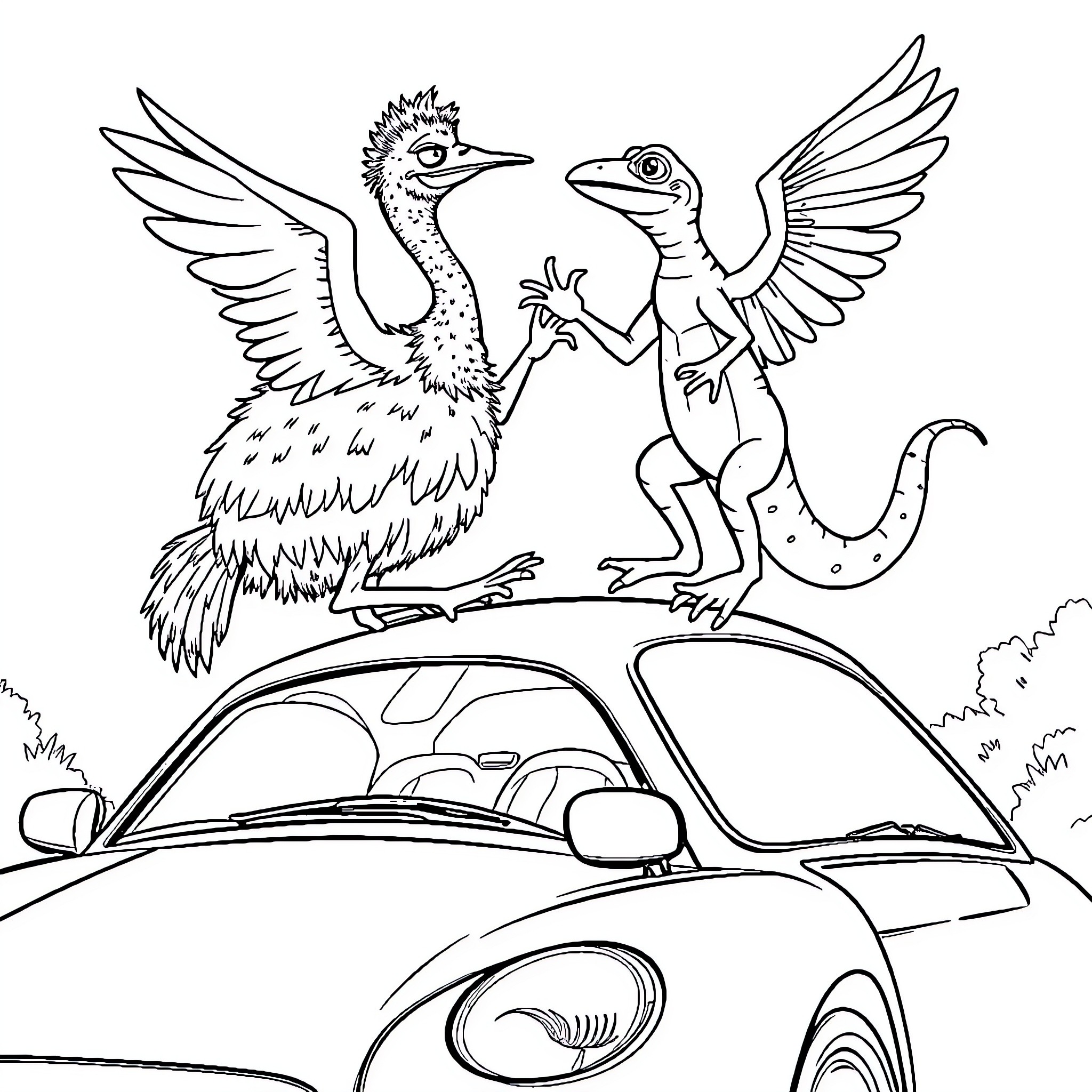 Emu and frog friends explore the car Coloring Page (free black-and-white line drawing printable PDF for all, from beginners to advanced learners, including children, teens, adults, and seniors)