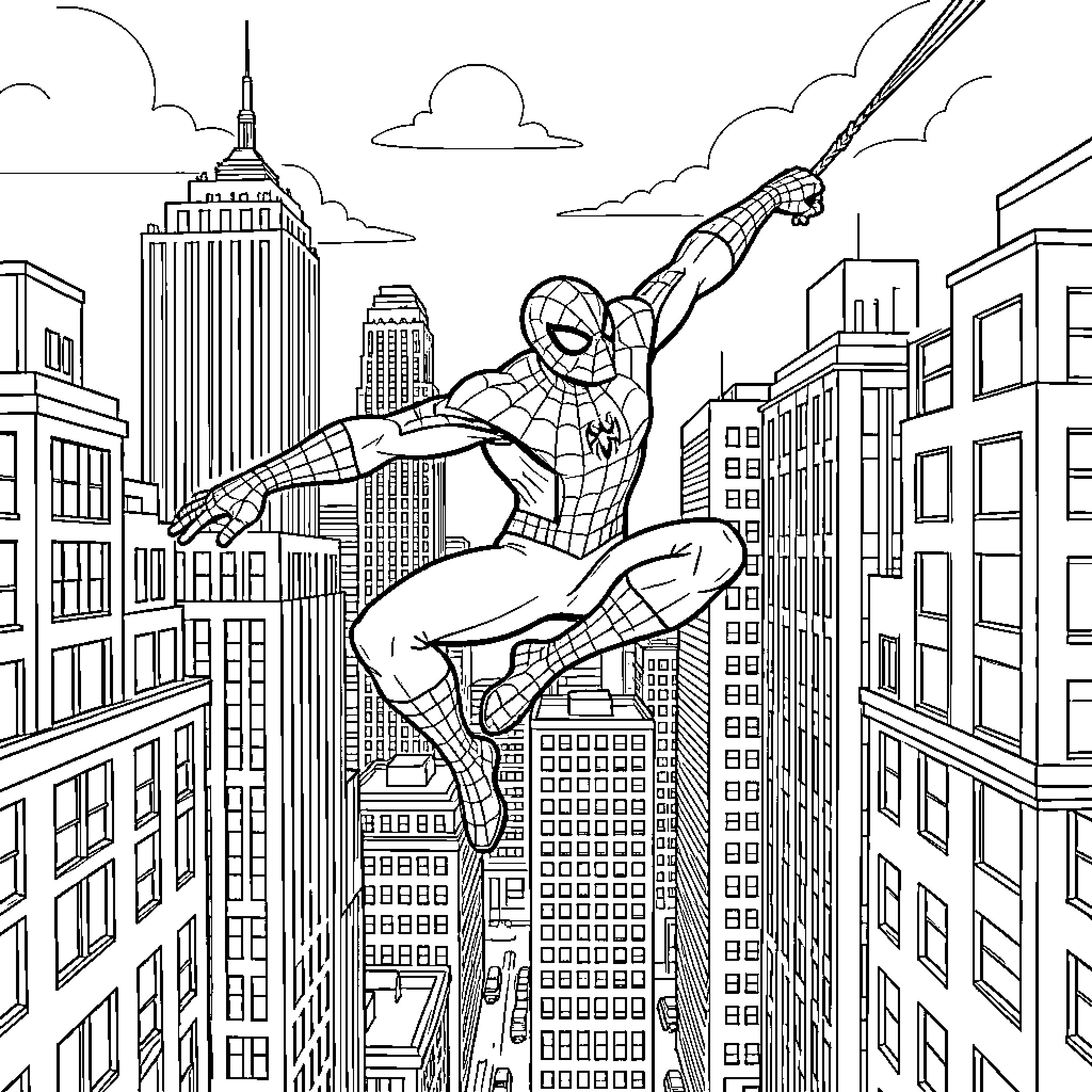 Spiderman swinging through a busy cityscape Coloring Page (free black-and-white line drawing printable PDF for all, from beginners to advanced learners, including children, teens, adults, and seniors)