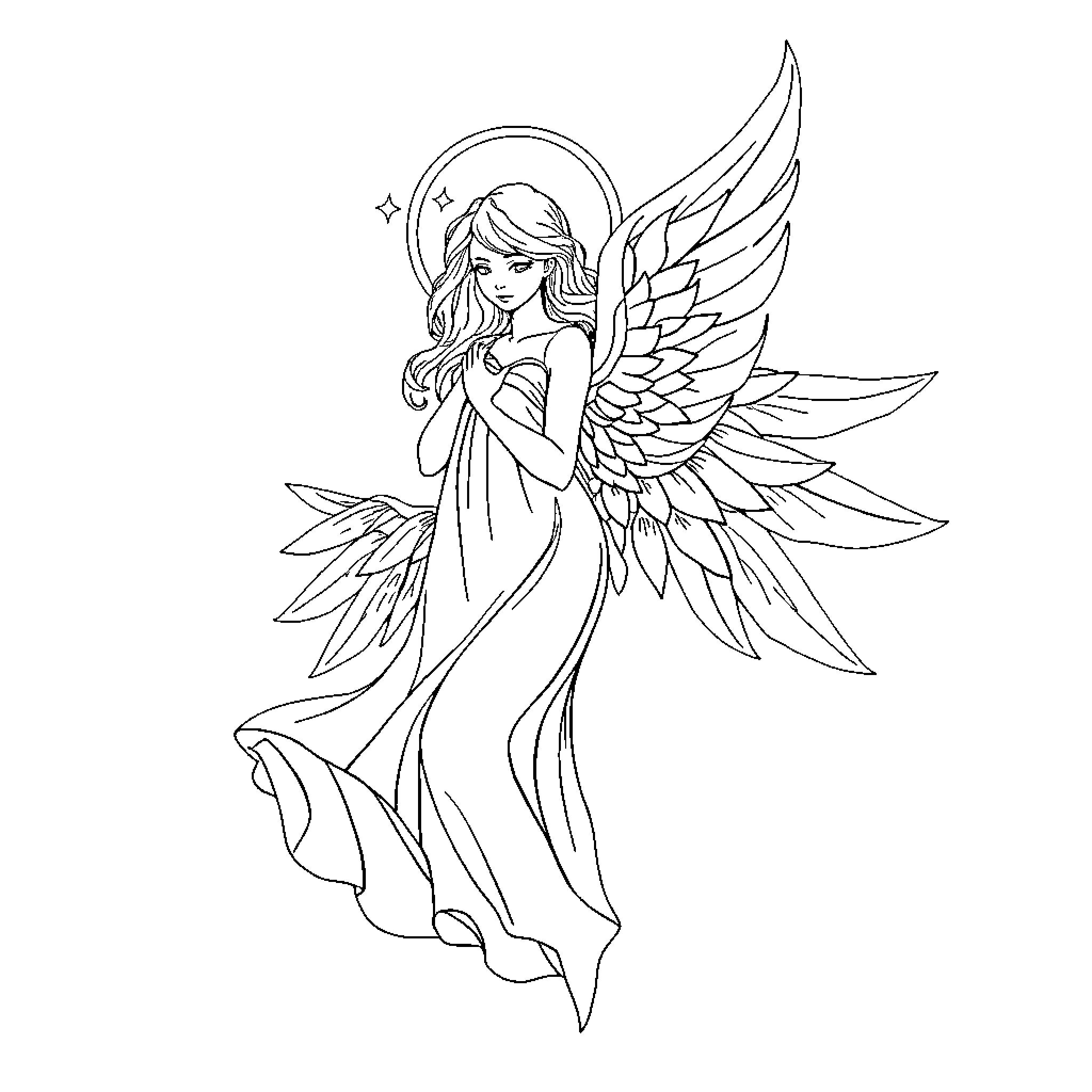 Angel with Flowing Dress and Graceful Wings Coloring Page (free black-and-white line drawing printable PDF for all, from beginners to advanced learners, including children, teens, adults, and seniors)
