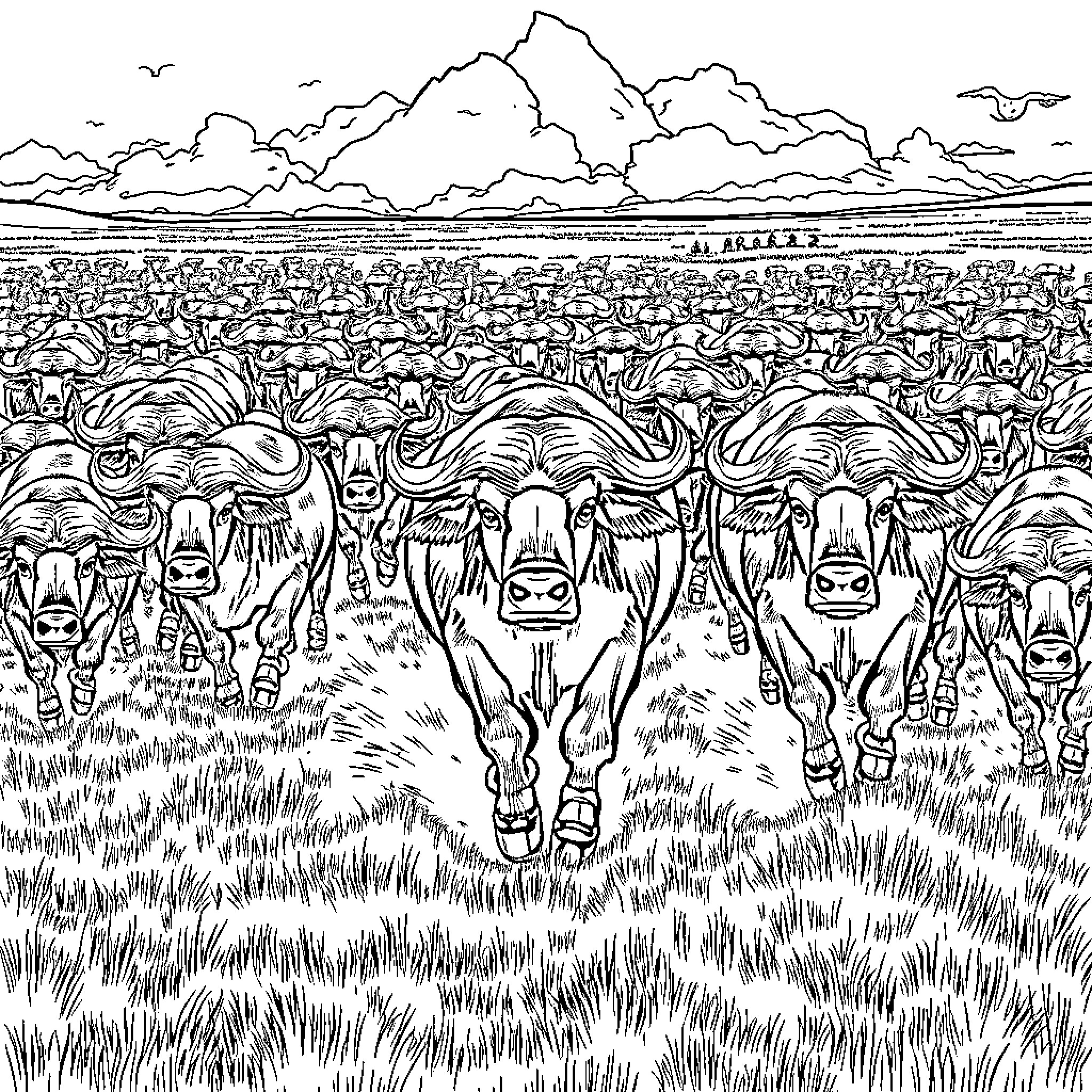 Buffalo herd grazing in vast grassland landscape Coloring Page (free black-and-white line drawing printable PDF for all, from beginners to advanced learners, including children, teens, adults, and seniors)