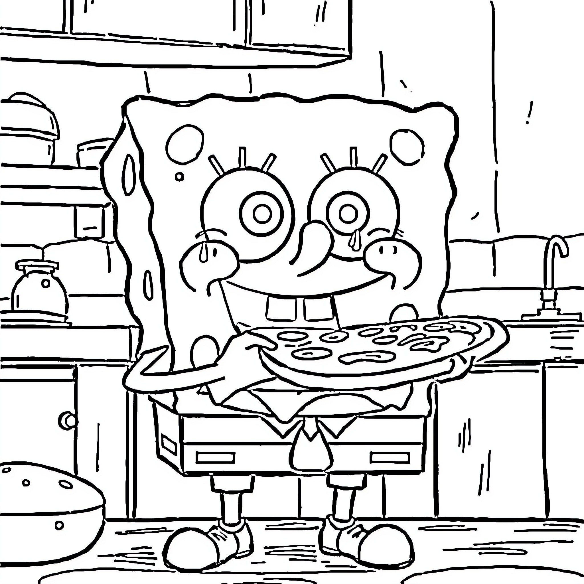 Spongebob making a delicious dish in the kitchen Coloring Page (free black-and-white line drawing printable PDF for all, from beginners to advanced learners, including children, teens, adults, and seniors)