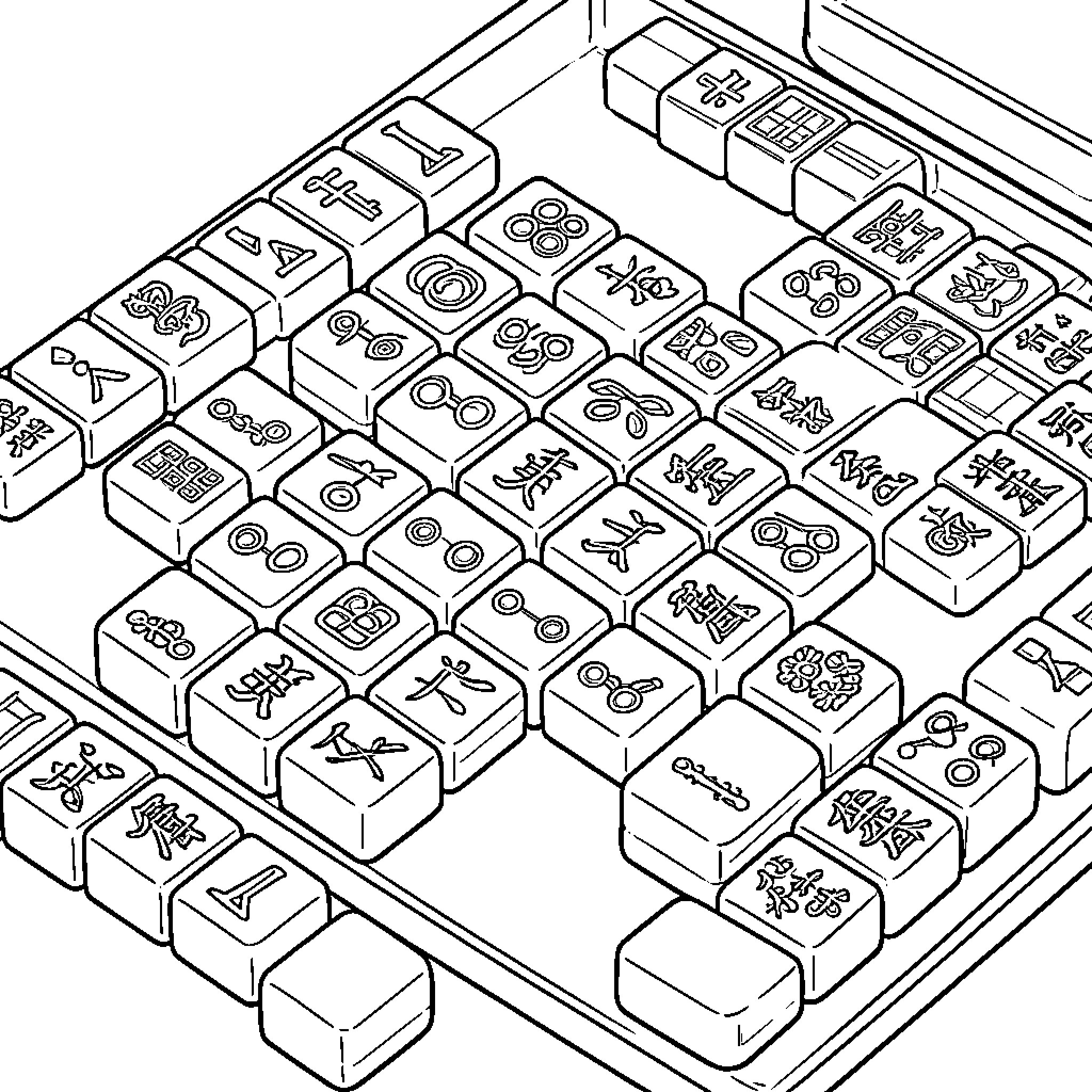 Mah Jongg Tile pieces arranged inside a wooden box Coloring Page (free black-and-white line drawing printable PDF for all, from beginners to advanced learners, including children, teens, adults, and seniors)