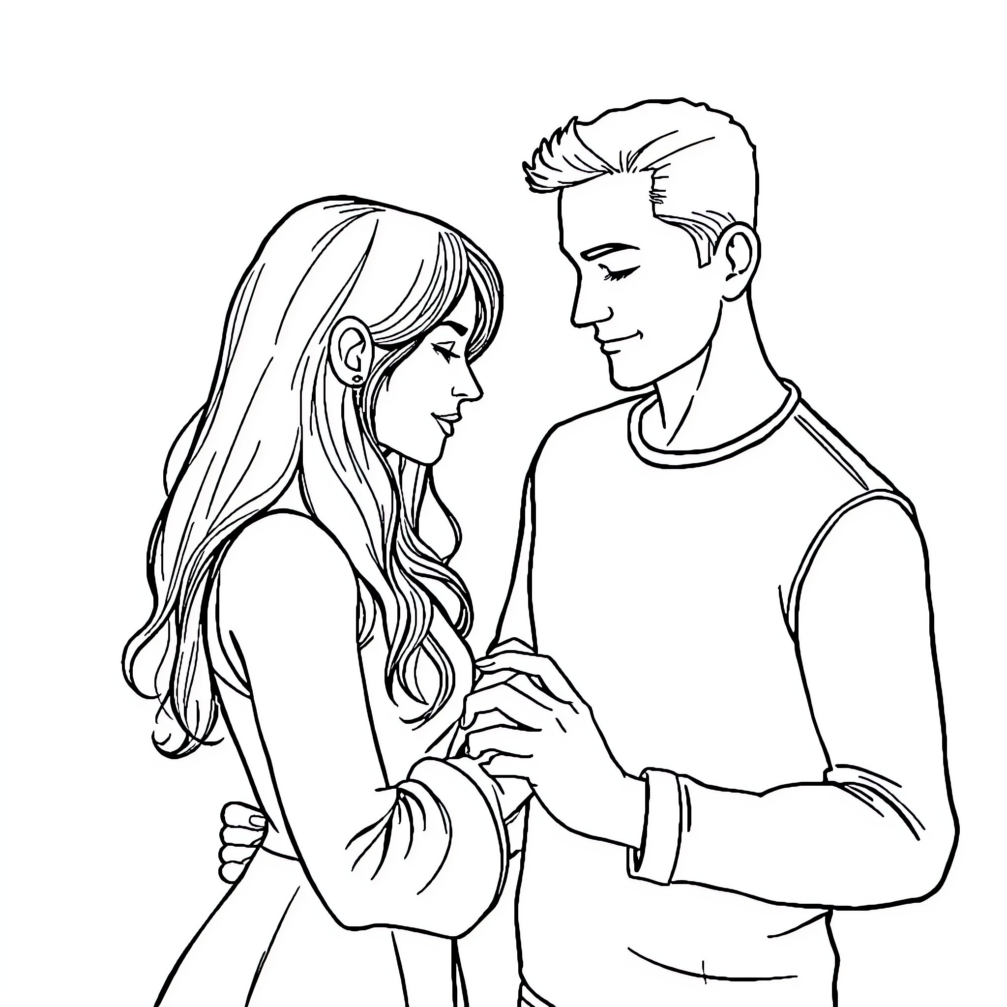 Woman and Man in Affectionate Embrace Coloring Page (free black-and-white line drawing printable PDF for all, from beginners to advanced learners, including children, teens, adults, and seniors)