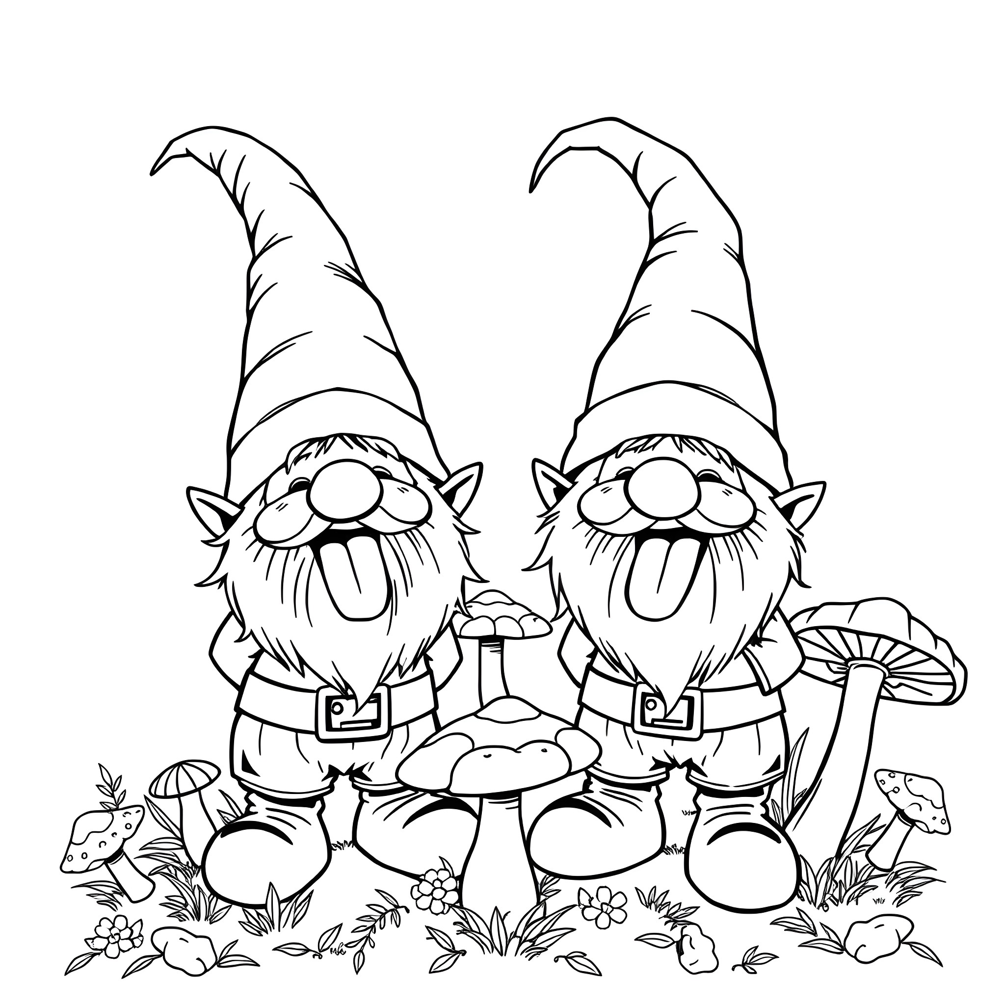 Gnomes relaxing in a forest setting Coloring Page (free black-and-white line drawing printable PDF for all, from beginners to advanced learners, including children, teens, adults, and seniors)