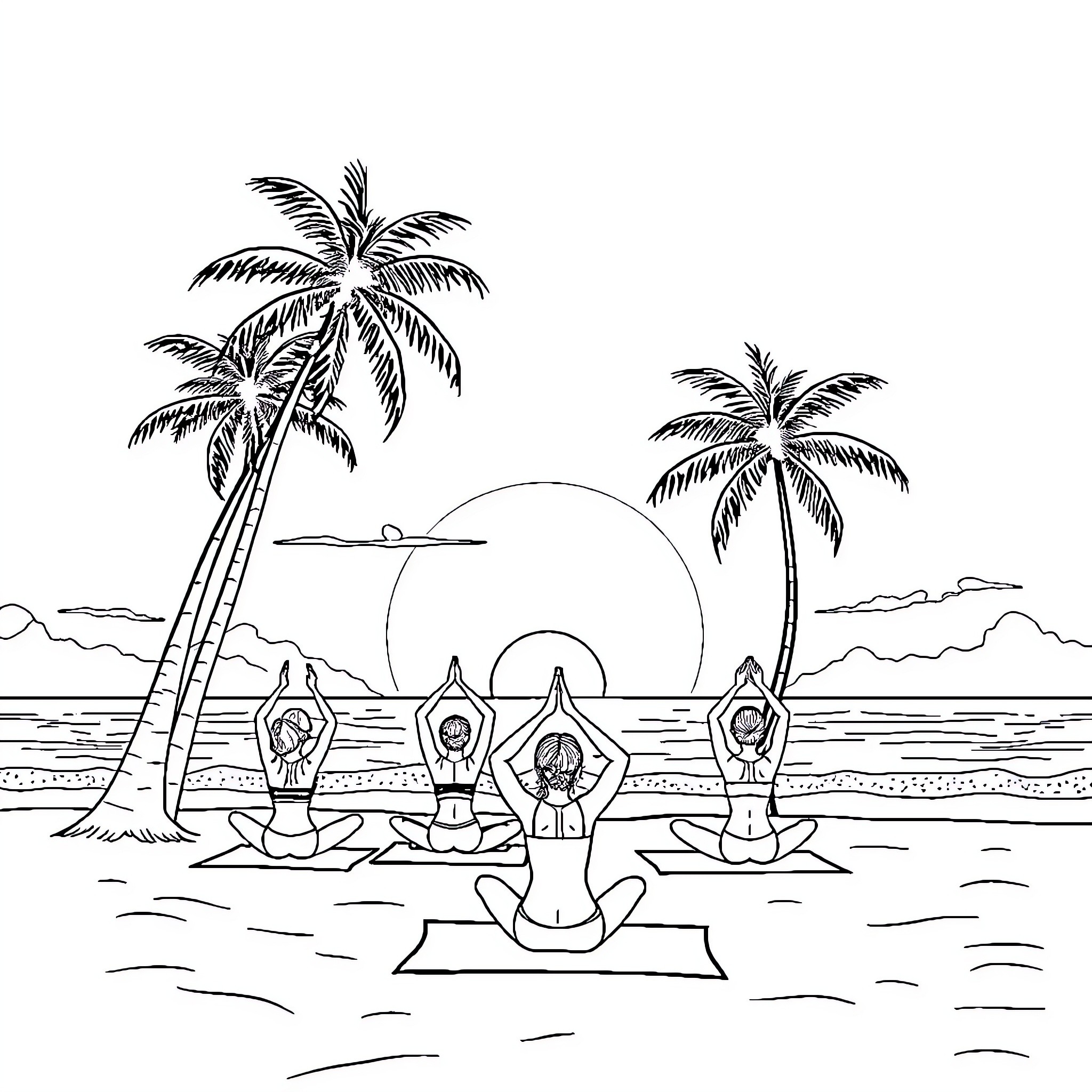 Sunset Yoga Retreat on the Beach Coloring Page (free black-and-white line drawing printable PDF for all, from beginners to advanced learners, including children, teens, adults, and seniors)