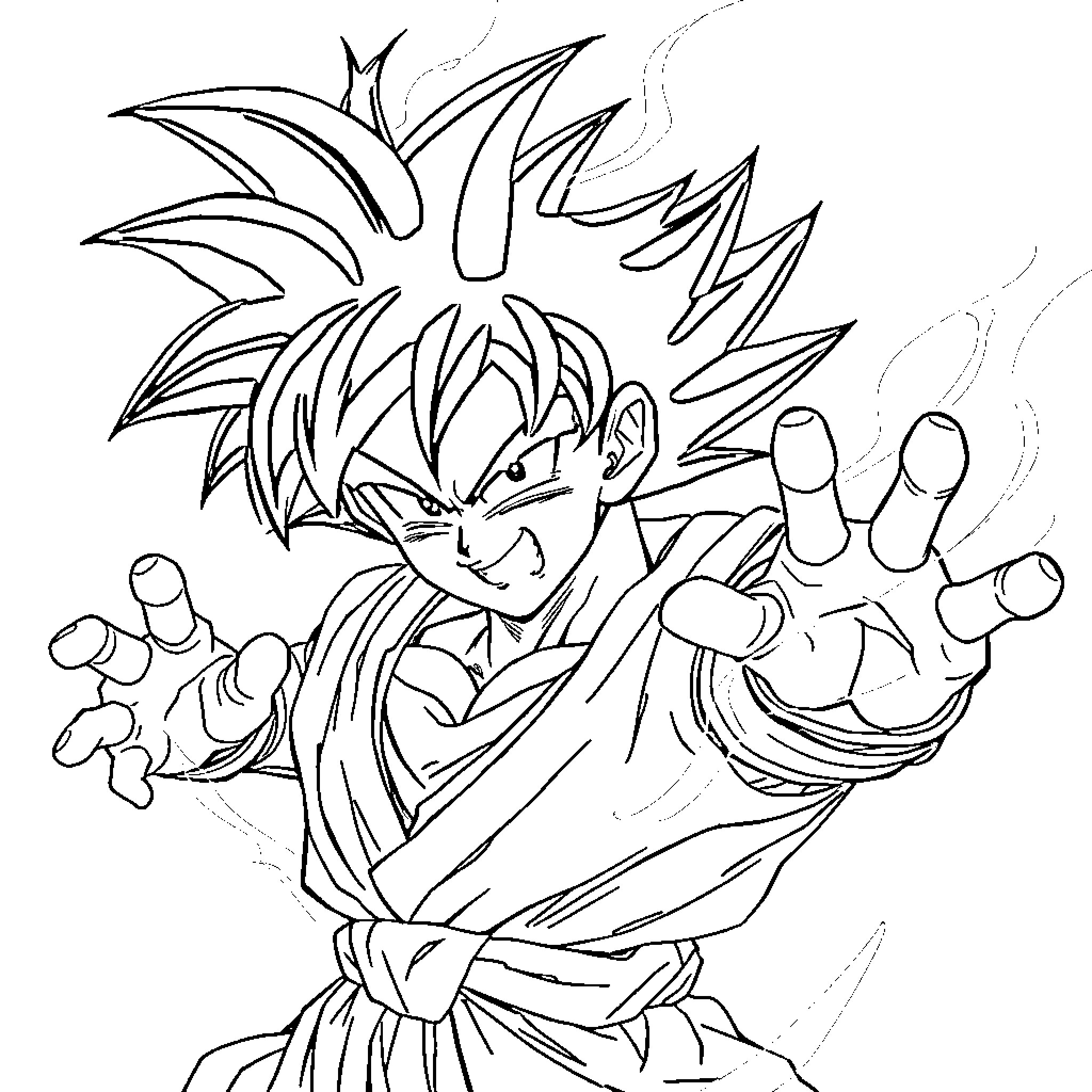 Majin Goku in fierce battle stance Coloring Page (free black-and-white line drawing printable PDF for all, from beginners to advanced learners, including children, teens, adults, and seniors)