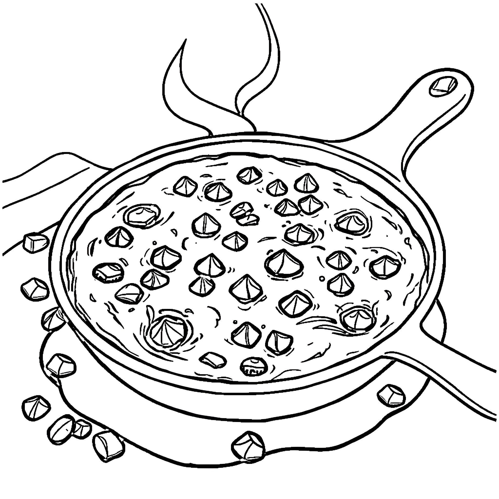 Skillet Cookie with Baked Pieces Coloring Page (free black-and-white line drawing printable PDF for all, from beginners to advanced learners, including children, teens, adults, and seniors)