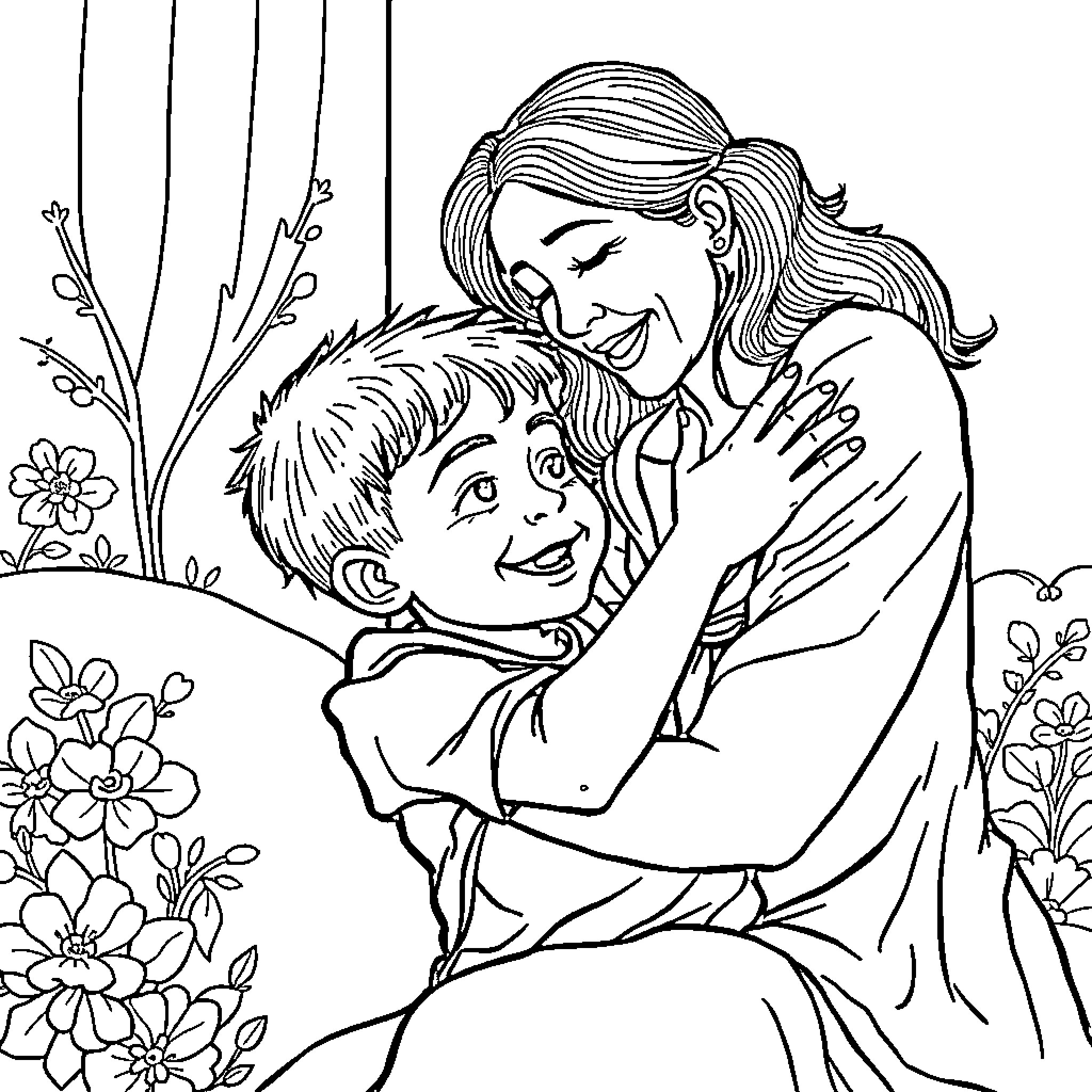 Boy cuddling with caring mother in floral setting Coloring Page (free black-and-white line drawing printable PDF for all, from beginners to advanced learners, including children, teens, adults, and seniors)