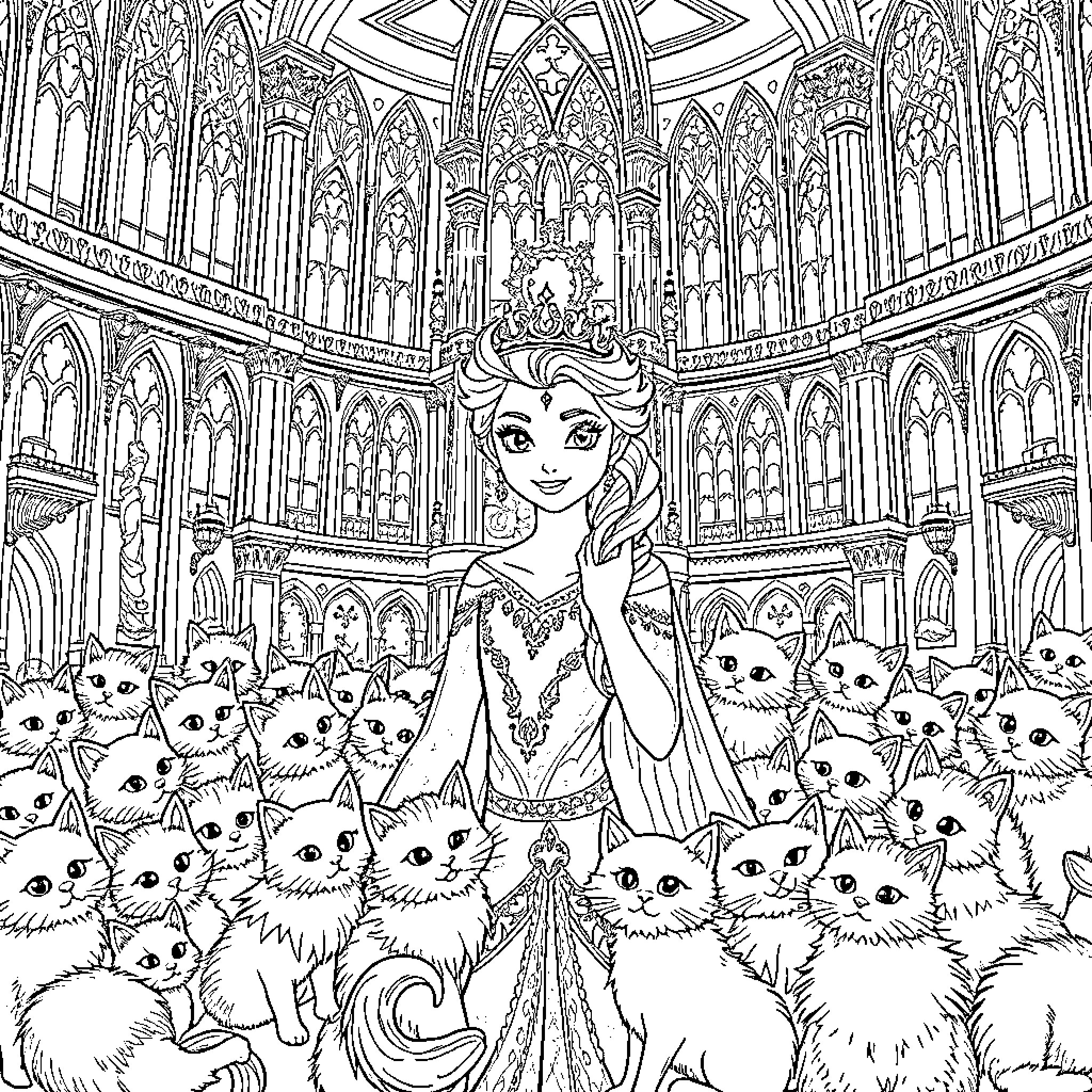 Elsa's Enchanting Feline Gathering in the Regal Hall Coloring Page (free black-and-white line drawing printable PDF for all, from beginners to advanced learners, including children, teens, adults, and seniors)