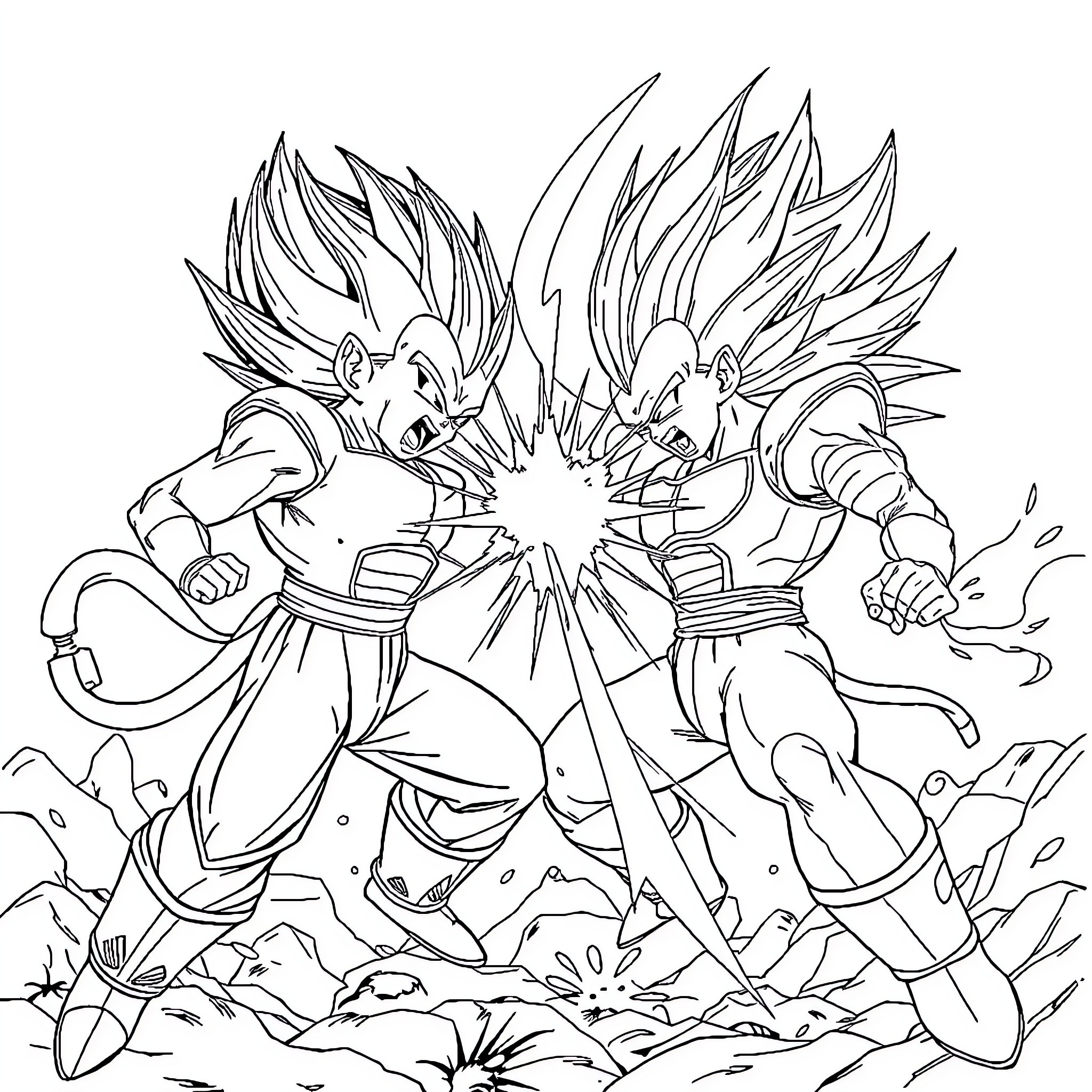 Vegeta's Energetic Clash: Super Saiyan Showdown Coloring Page (free black-and-white line drawing printable PDF for all, from beginners to advanced learners, including children, teens, adults, and seniors)