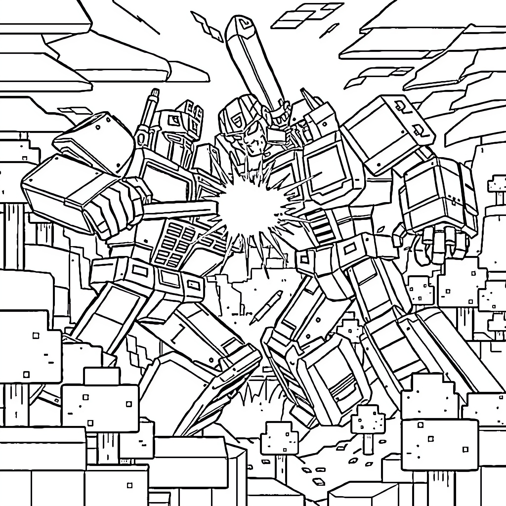 Optimus Prime in an epic battle scene Coloring Page (free black-and-white line drawing printable PDF for all, from beginners to advanced learners, including children, teens, adults, and seniors)