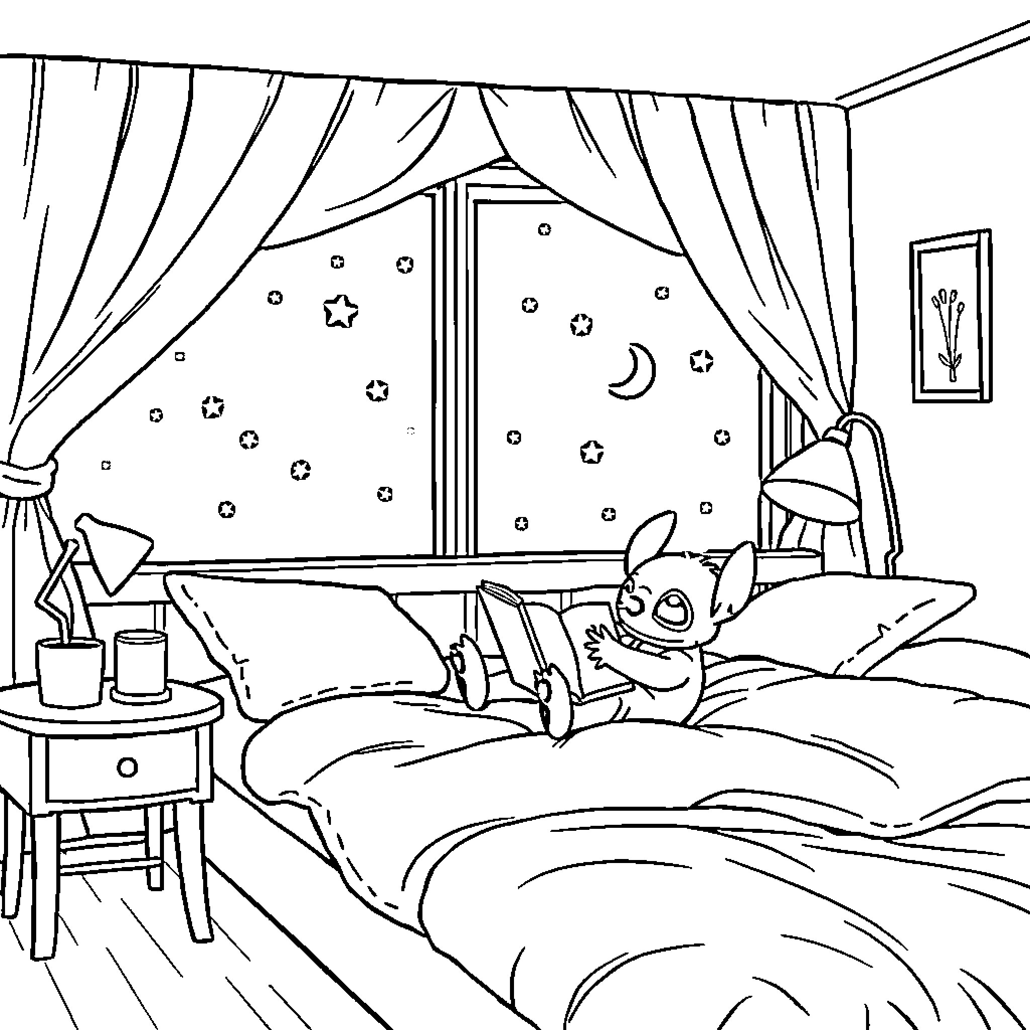 Stitch exploring a cozy bedroom at night Coloring Page (free black-and-white line drawing printable PDF for all, from beginners to advanced learners, including children, teens, adults, and seniors)