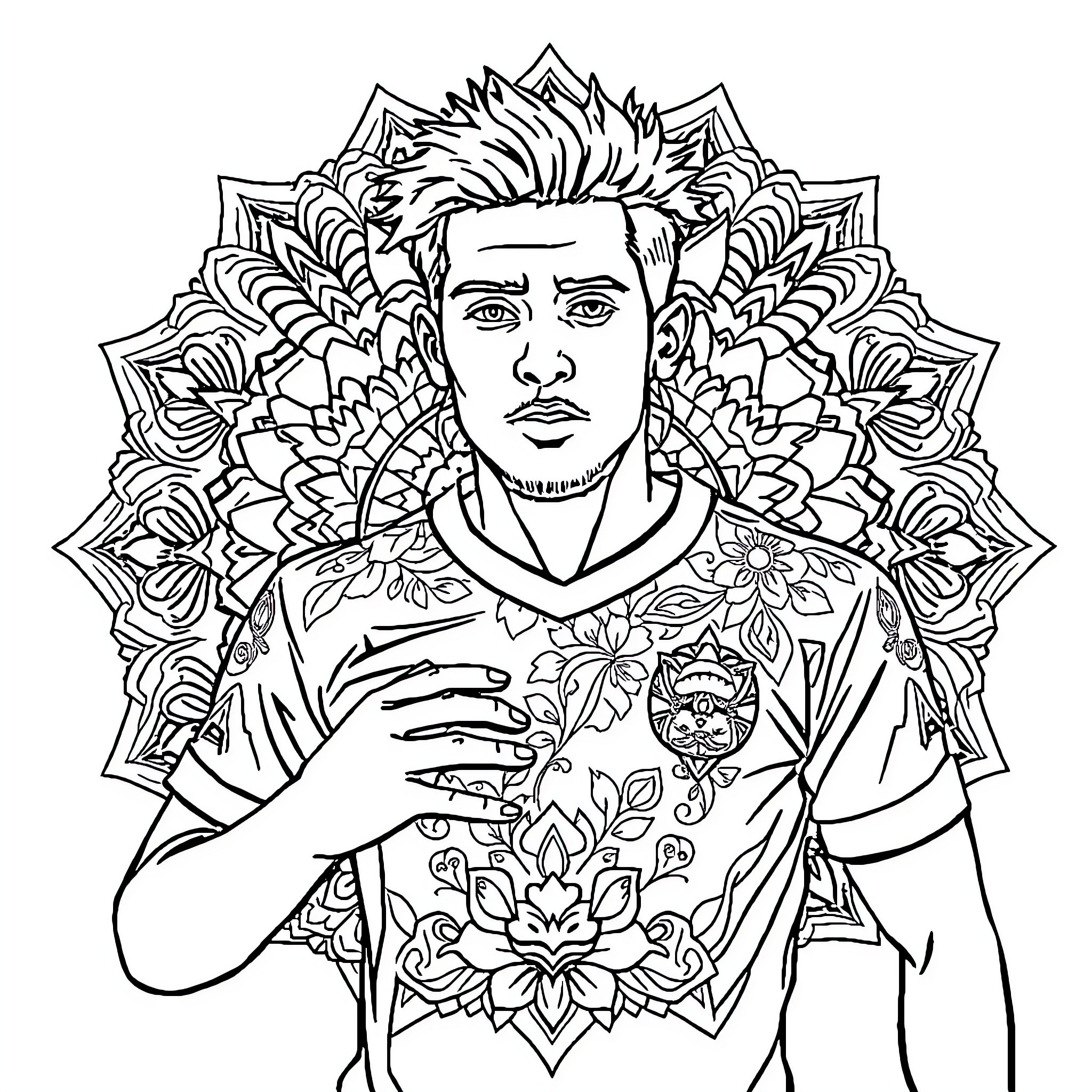 Football Player with Intricate Floral Tattoo Design Coloring Page (free black-and-white line drawing printable PDF for all, from beginners to advanced learners, including children, teens, adults, and seniors)