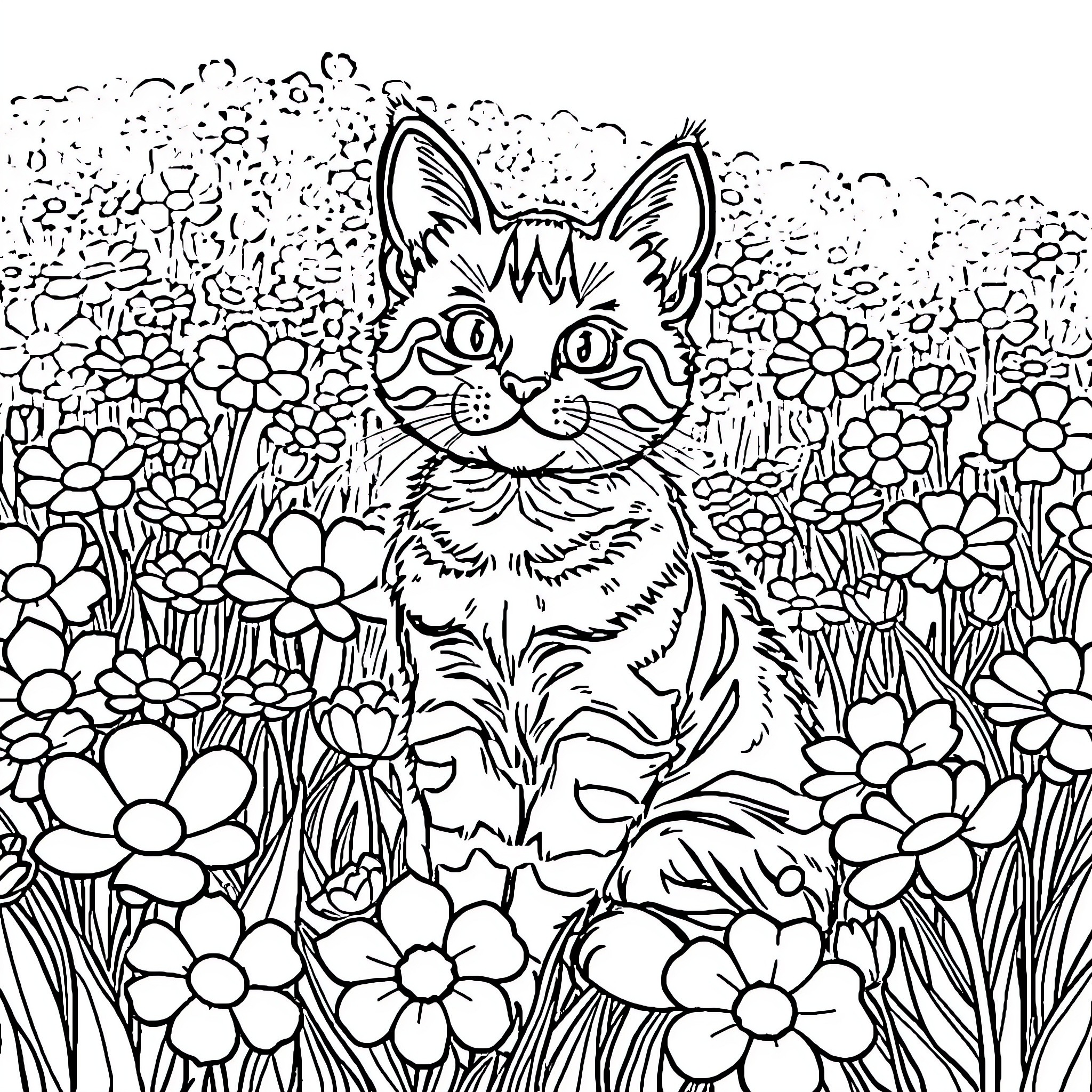 Cat sitting amidst a field of flowers Coloring Page (free black-and-white line drawing printable PDF for all, from beginners to advanced learners, including children, teens, adults, and seniors)