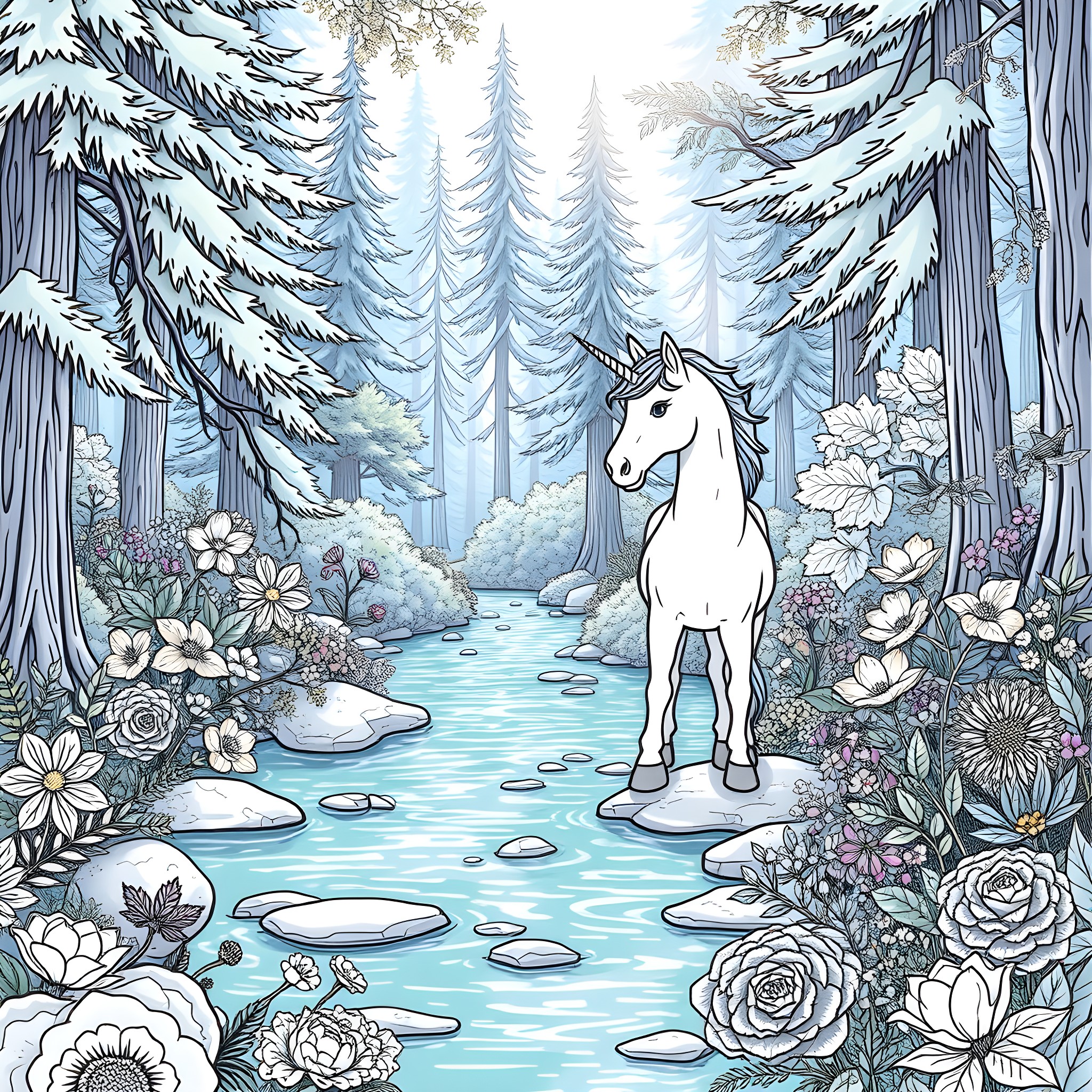 Unicorn Stands Majestically in Enchanted Winter Forest Coloring Page (free black-and-white line drawing printable PDF for all, from beginners to advanced learners, including children, teens, adults, and seniors)