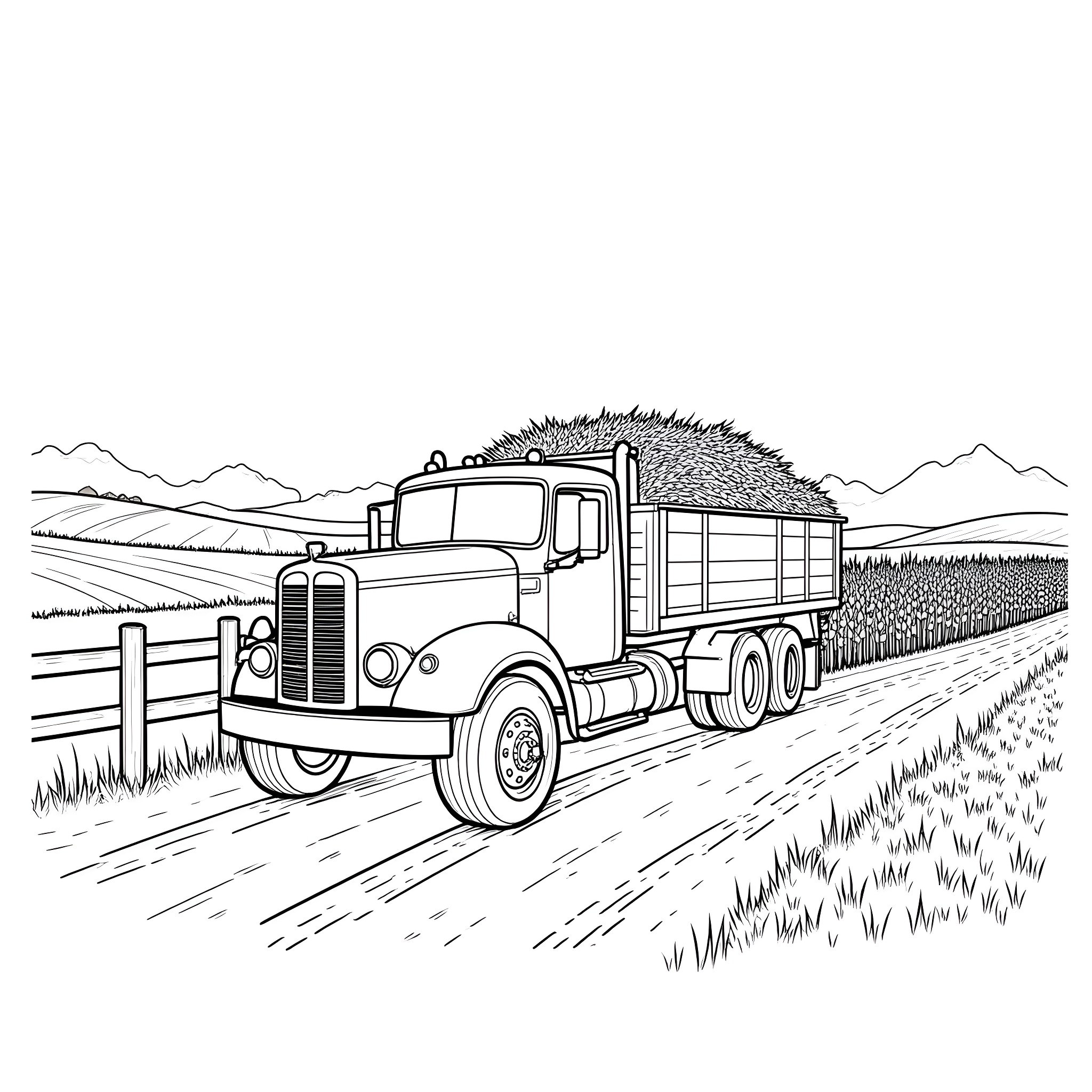 Truck Transporting Crops on Rural Road Coloring Page (free black-and-white line drawing printable PDF for all, from beginners to advanced learners, including children, teens, adults, and seniors)