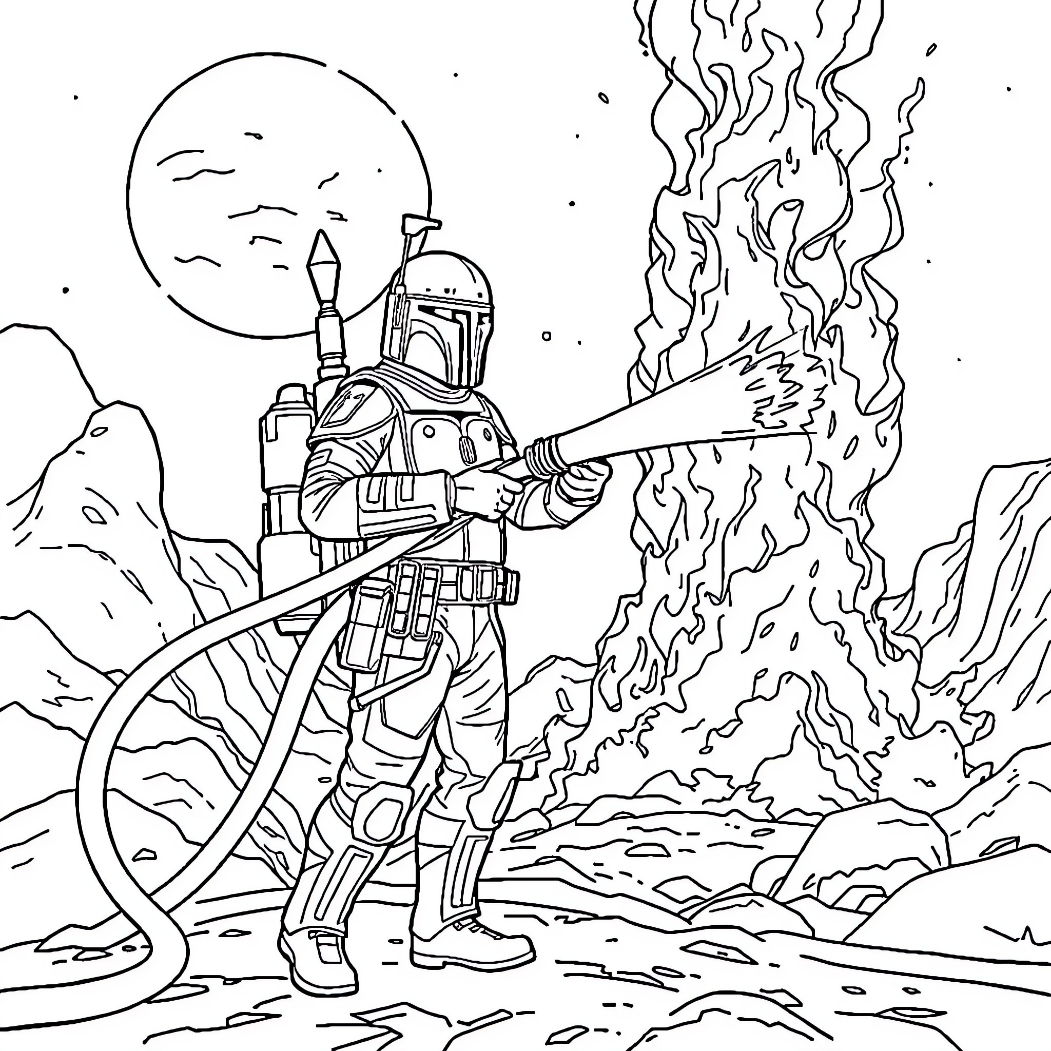 Boba Fett blasting through the desert landscape Coloring Page (free black-and-white line drawing printable PDF for all, from beginners to advanced learners, including children, teens, adults, and seniors)