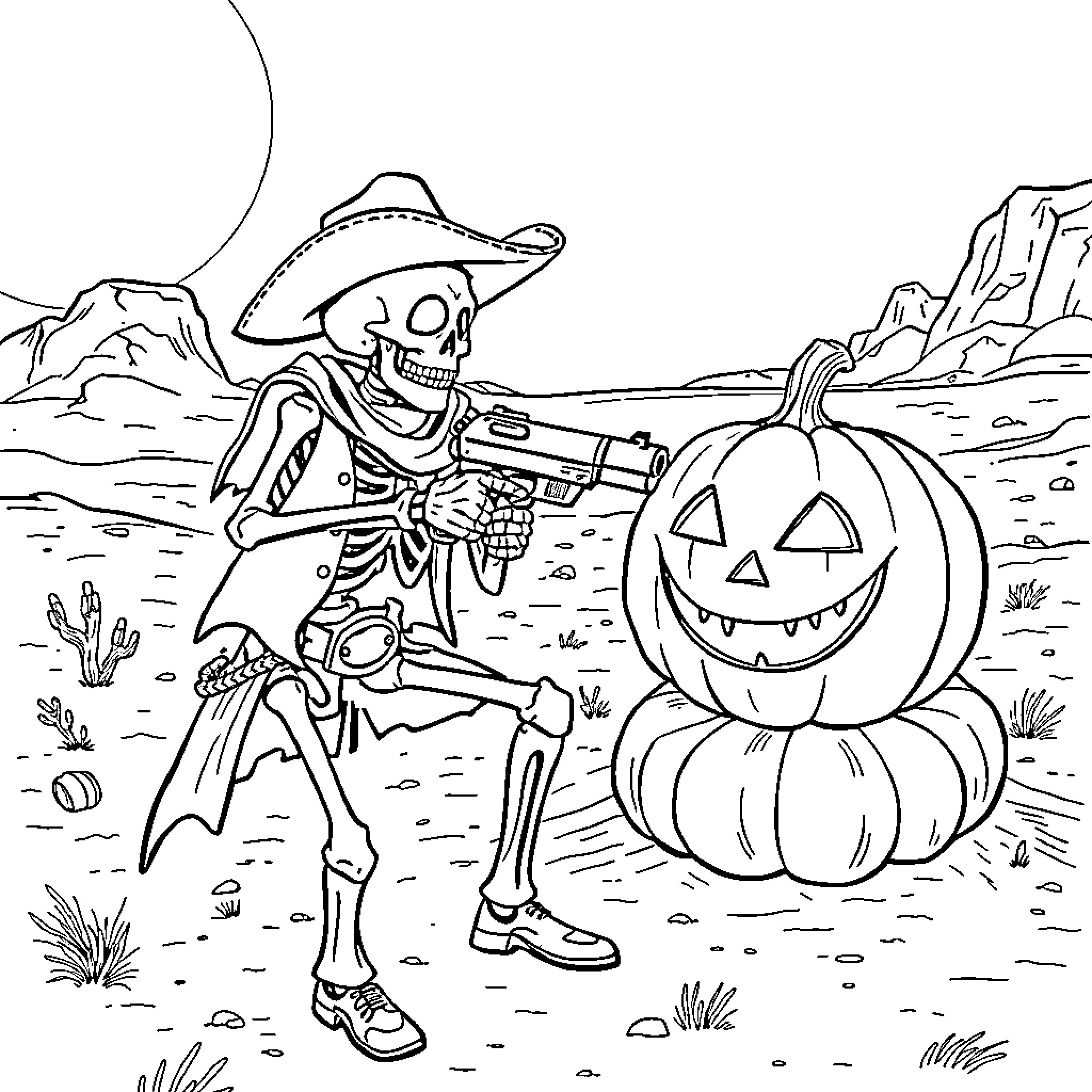 Skeleton cowboy with pumpkin in the desert Coloring Page (free black-and-white line drawing printable PDF for all, from beginners to advanced learners, including children, teens, adults, and seniors)