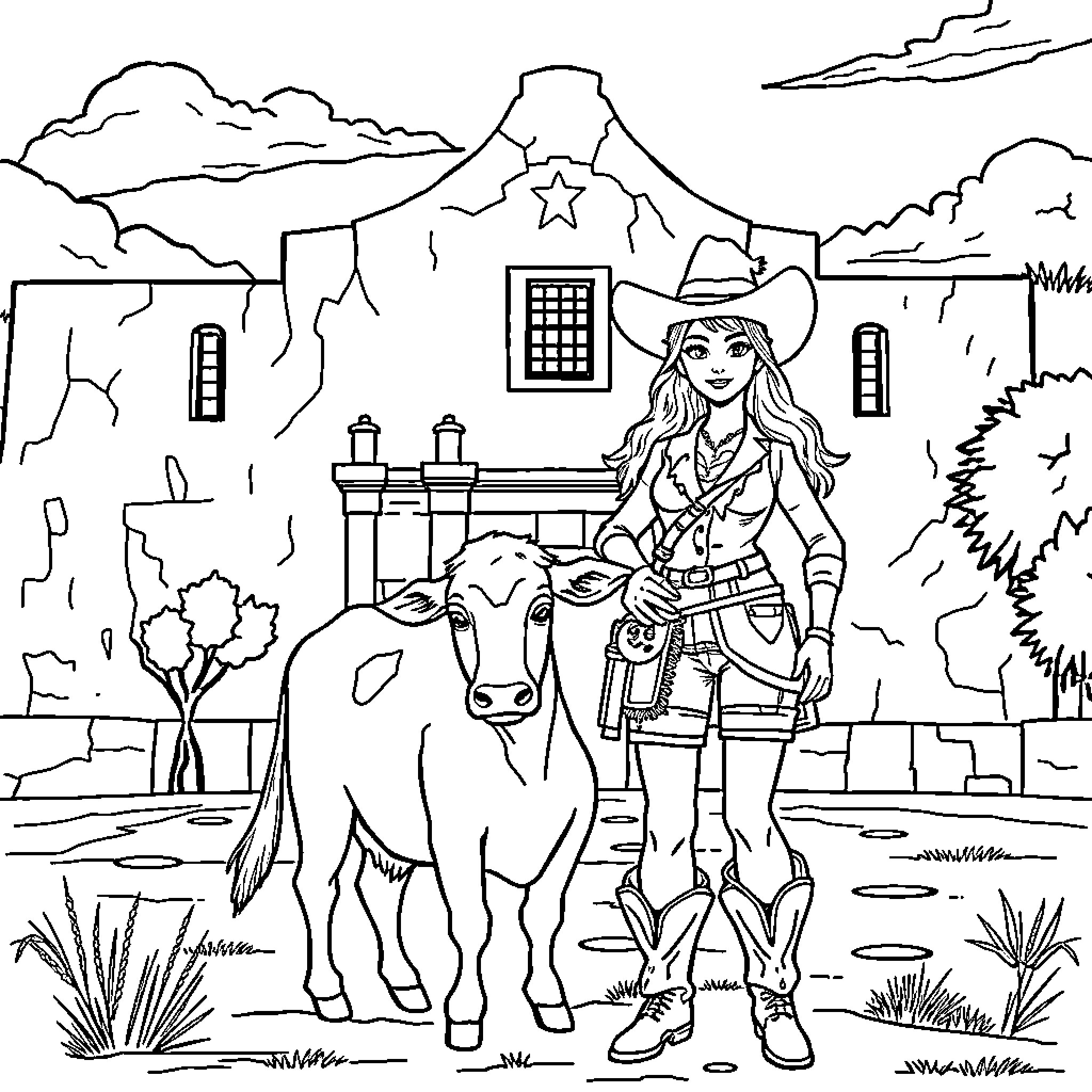 Cow girl standing with cow in the countryside Coloring Page (free black-and-white line drawing printable PDF for all, from beginners to advanced learners, including children, teens, adults, and seniors)