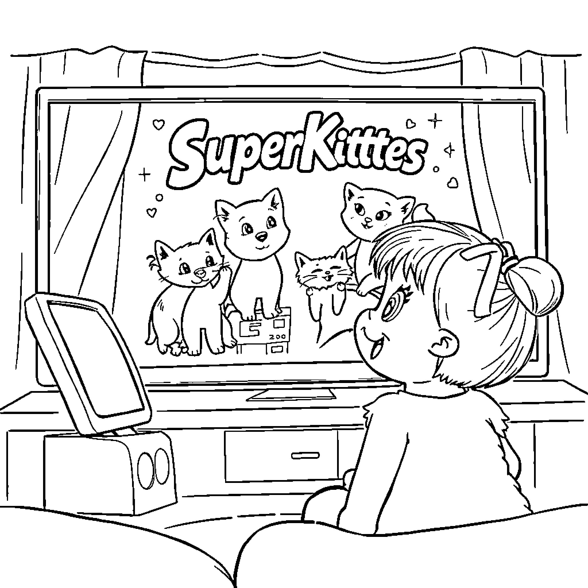 Kitties in Cartoon Coloring Book Coloring Page (free black-and-white line drawing printable PDF for all, from beginners to advanced learners, including children, teens, adults, and seniors)