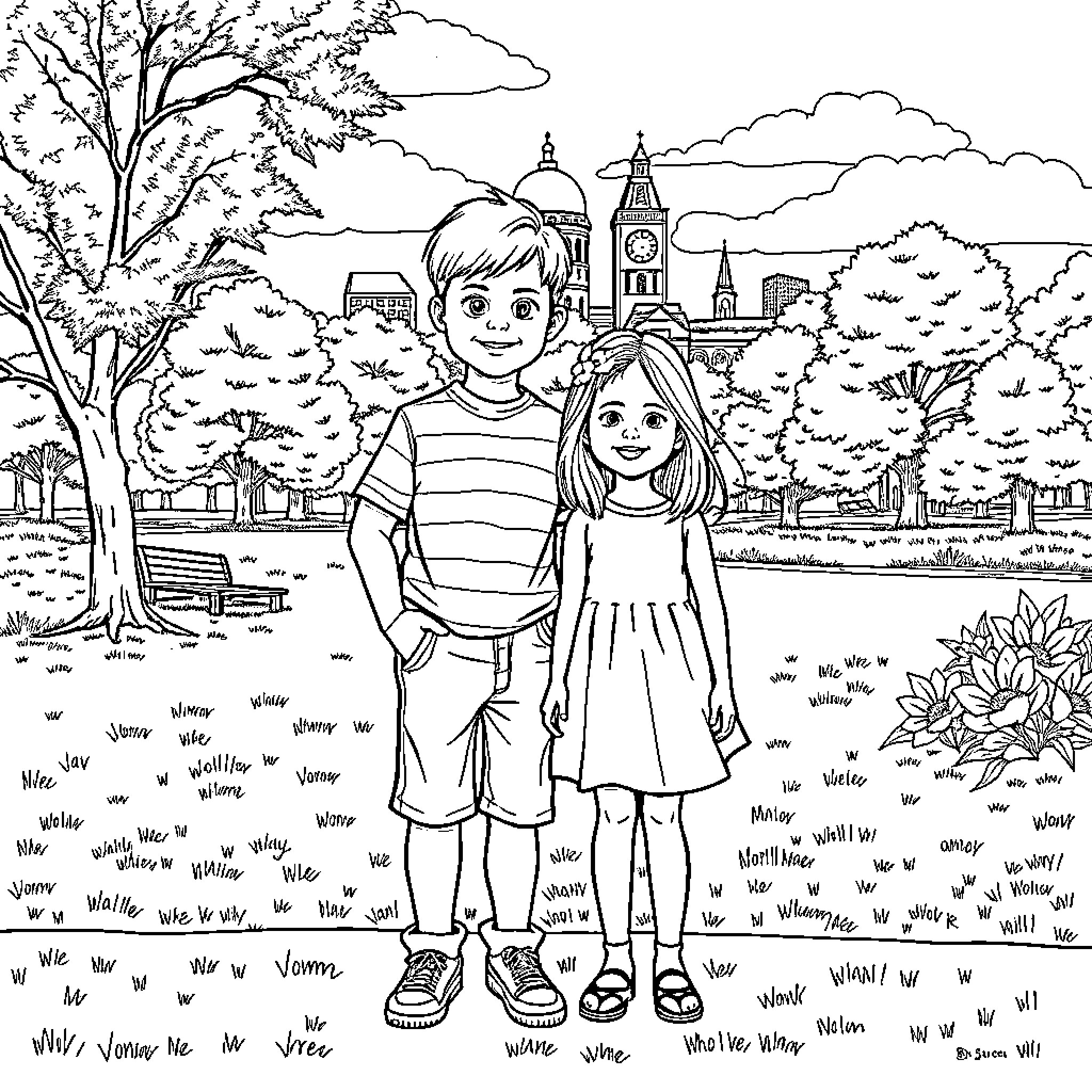 Child siblings explore charming city landscape Coloring Page (free black-and-white line drawing printable PDF for all, from beginners to advanced learners, including children, teens, adults, and seniors)