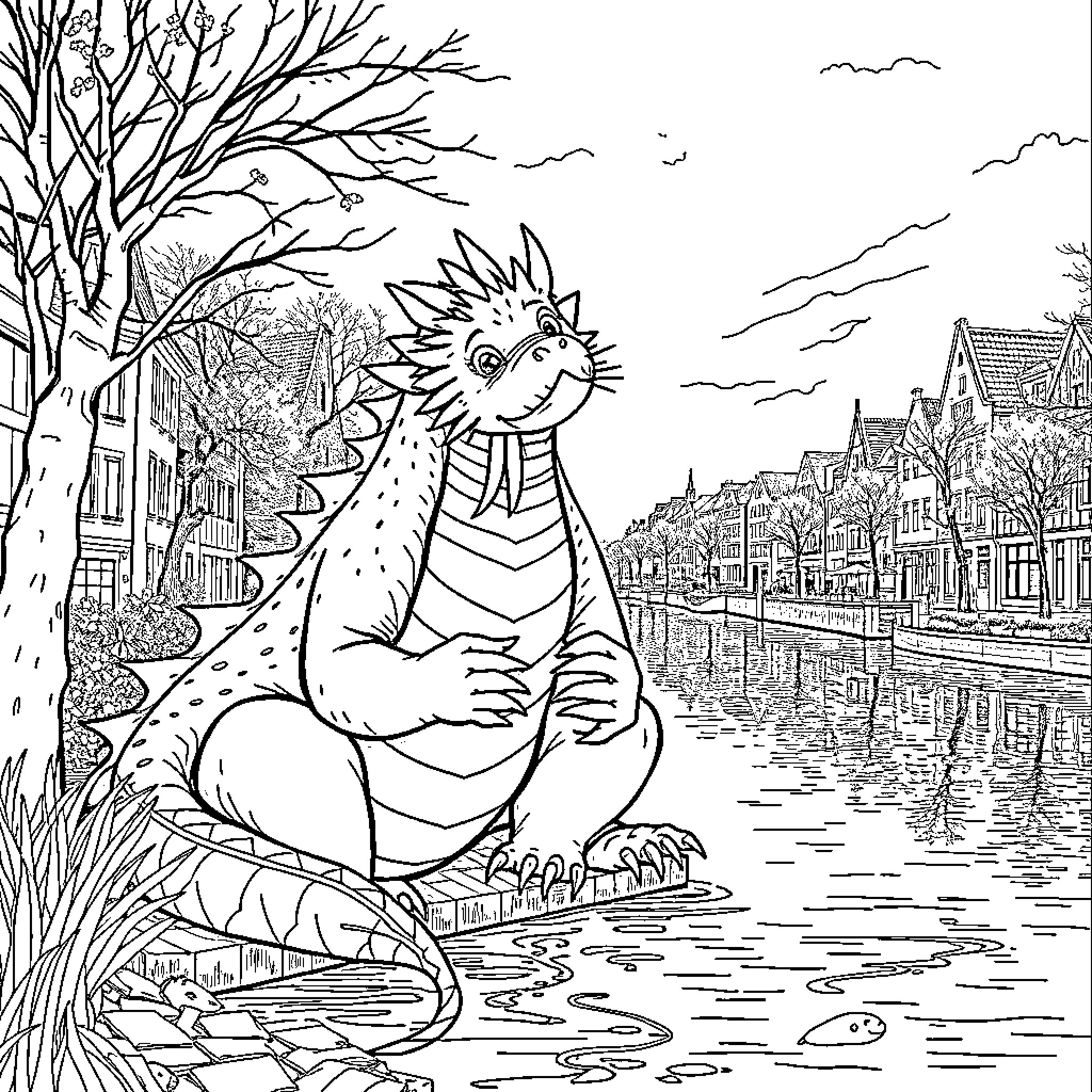 Dragon resting by the canal in a tranquil town Coloring Page (free black-and-white line drawing printable PDF for all, from beginners to advanced learners, including children, teens, adults, and seniors)