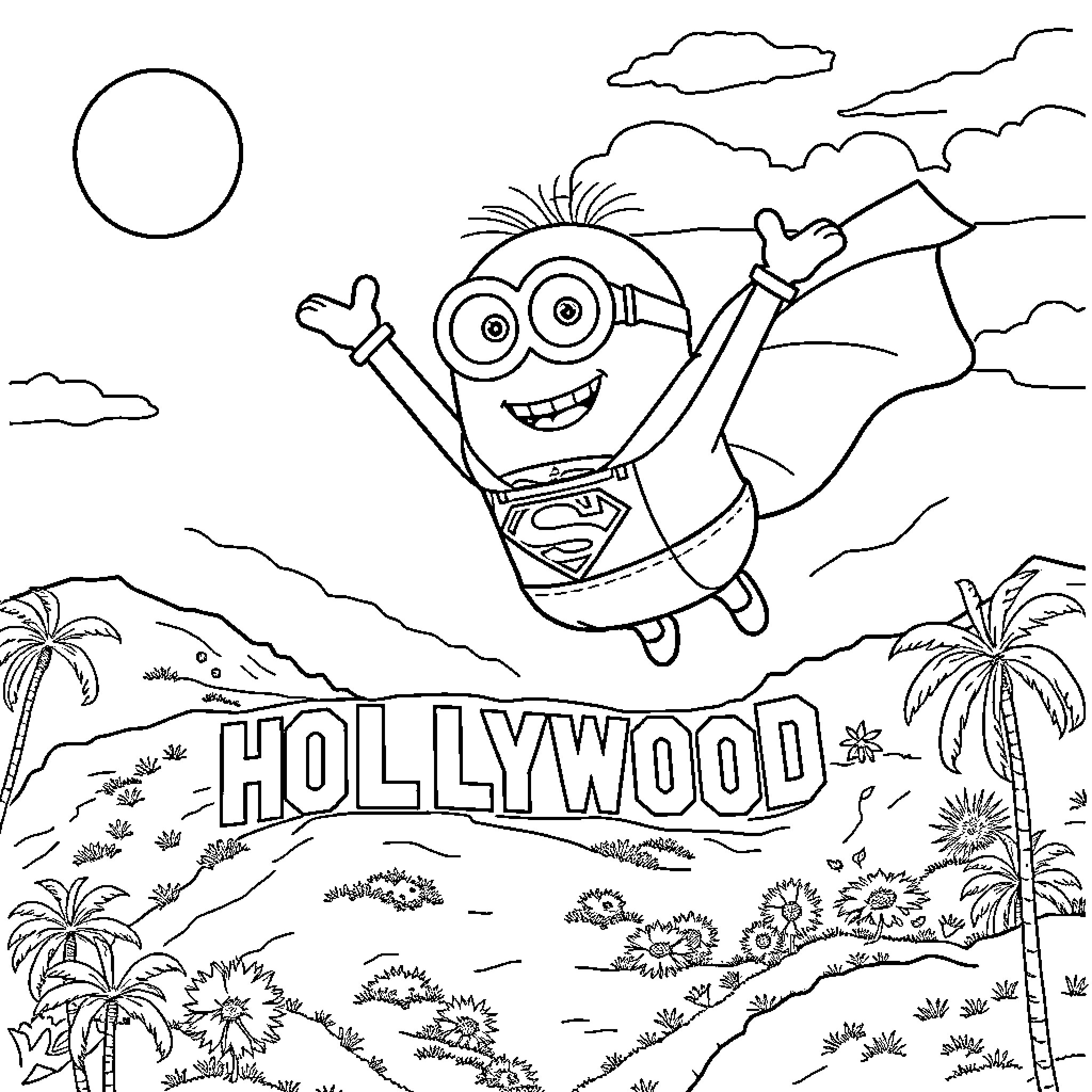 Minion Embracing Adventure in Hollywood Landscape Coloring Page (free black-and-white line drawing printable PDF for all, from beginners to advanced learners, including children, teens, adults, and seniors)