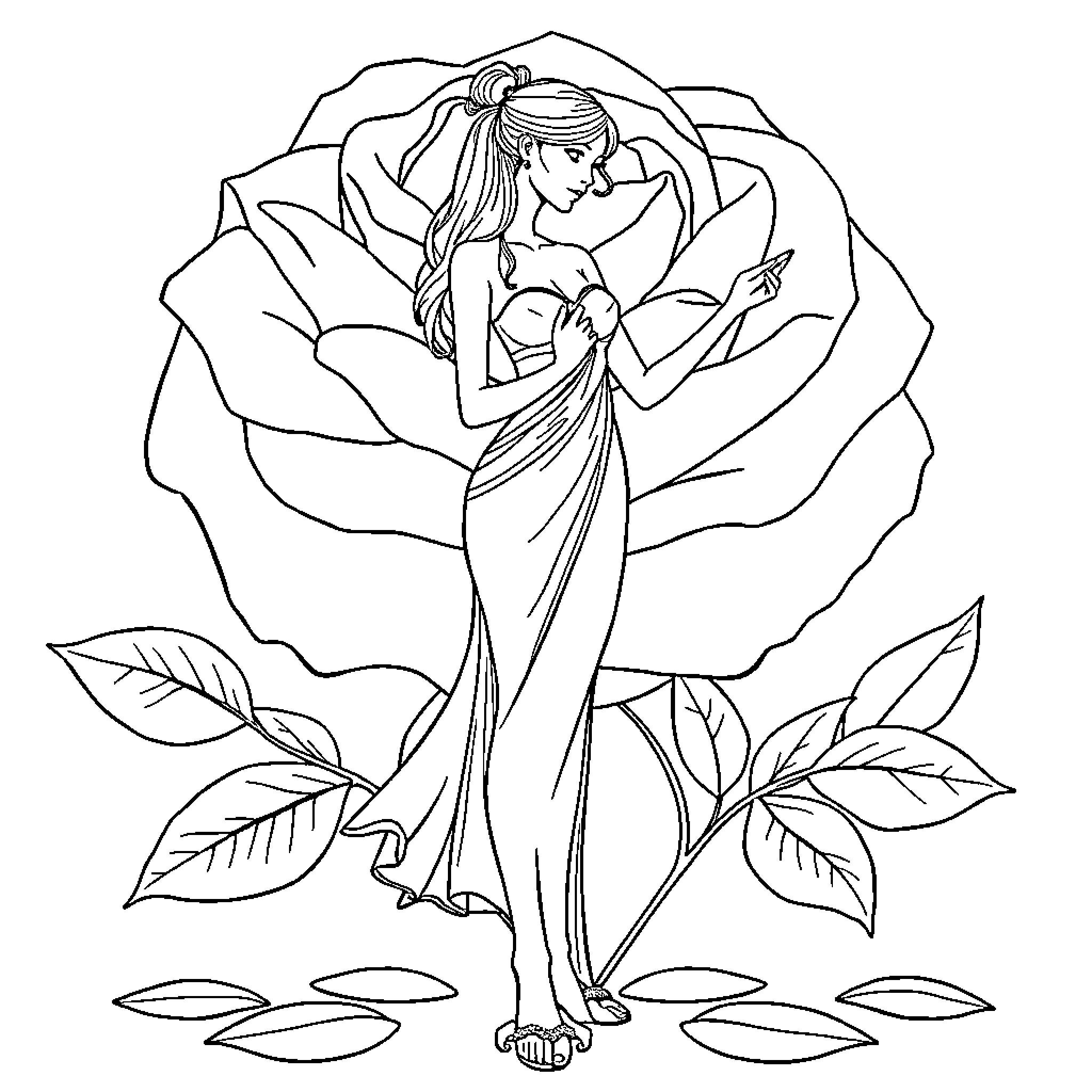 Rose Goddess in Flowing Gown Embraced by Petals Coloring Page (free black-and-white line drawing printable PDF for all, from beginners to advanced learners, including children, teens, adults, and seniors)